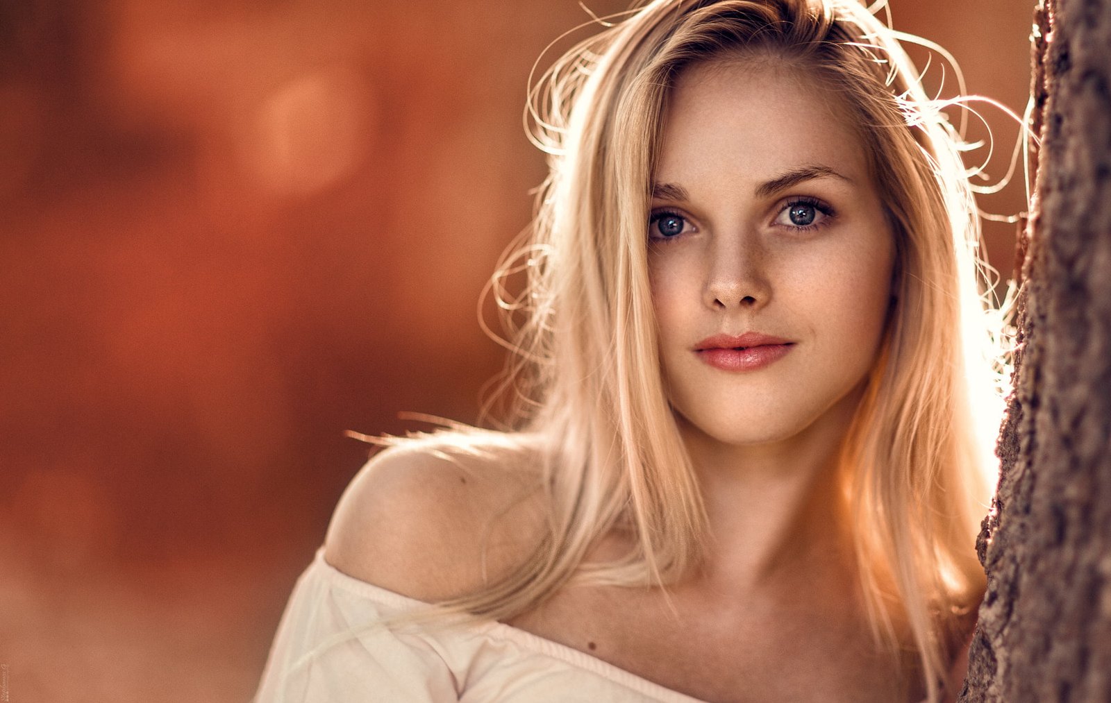 women blonde blue eyes face looking at viewer bokeh portrait 2k