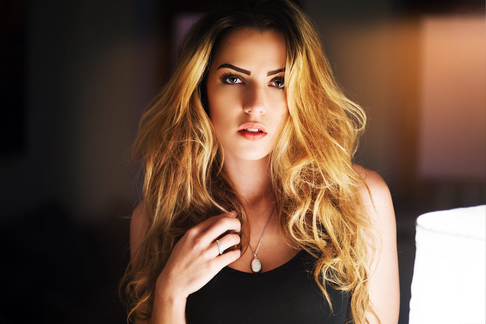 women blonde face black tops hazel eyes portrait long hair 2k
