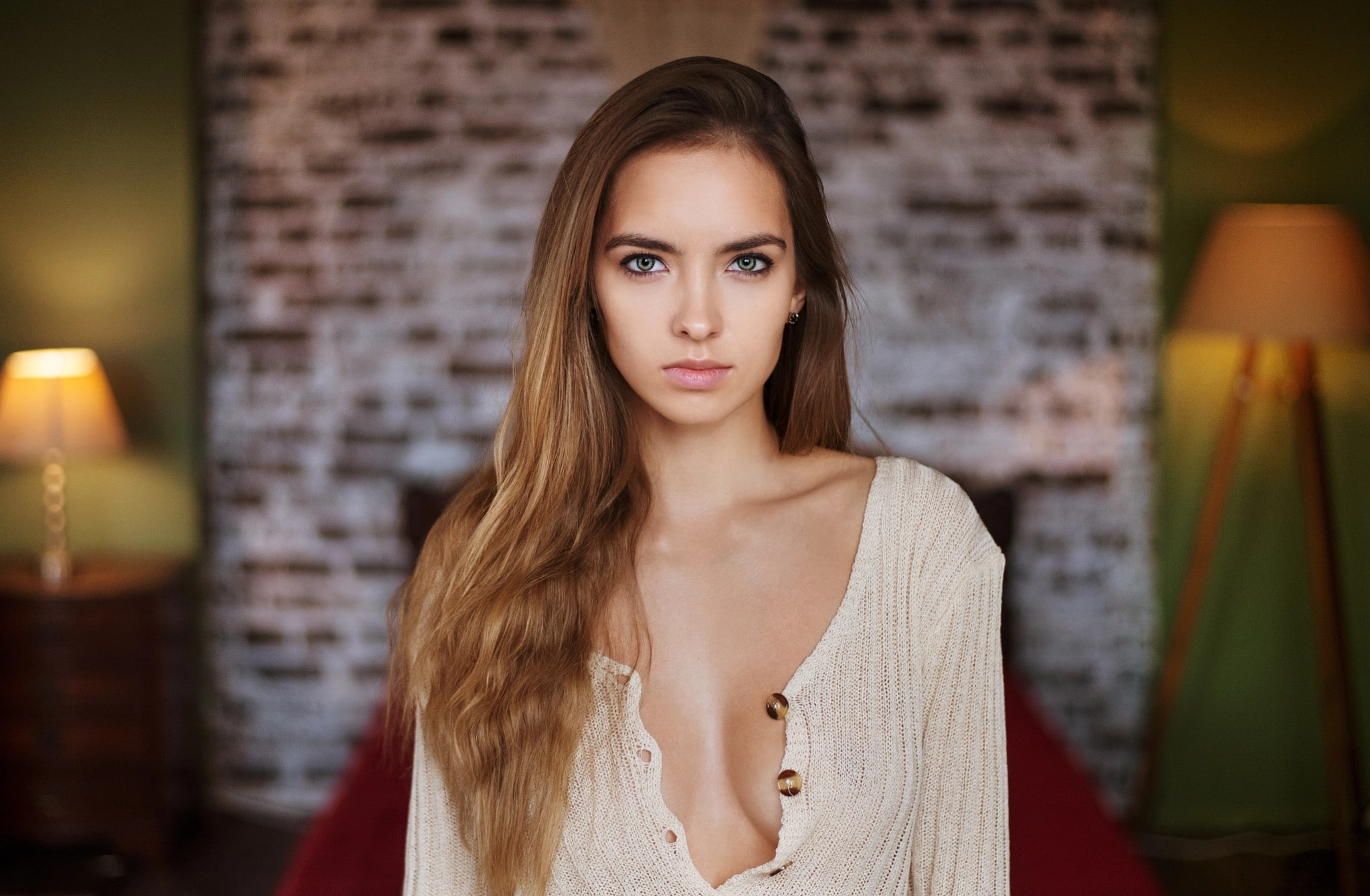 women brunette indoors portrait photography cleavage 2k