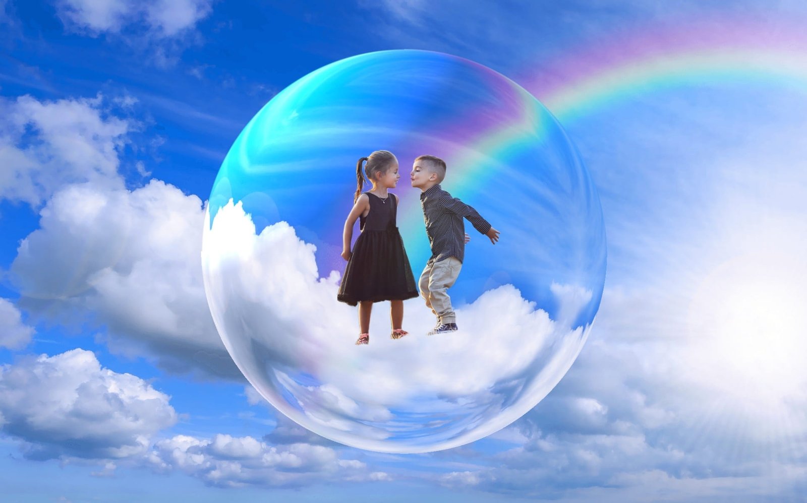 boy and girl in clear bobble clouds sky blue cumulus 2k