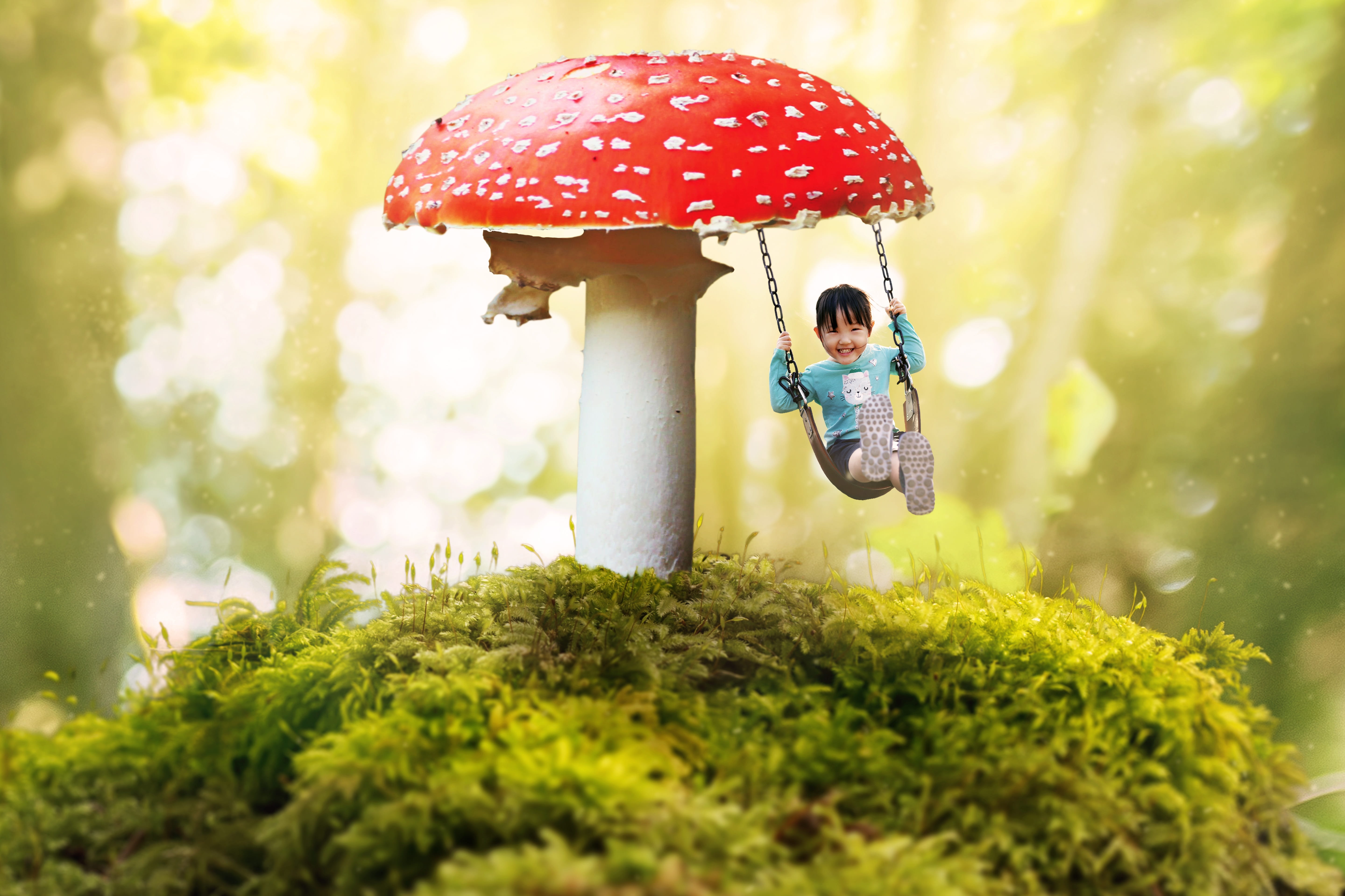 child riding on swing mushroom fantasy girl moss bokeh fly agaric 2k 4k 5k