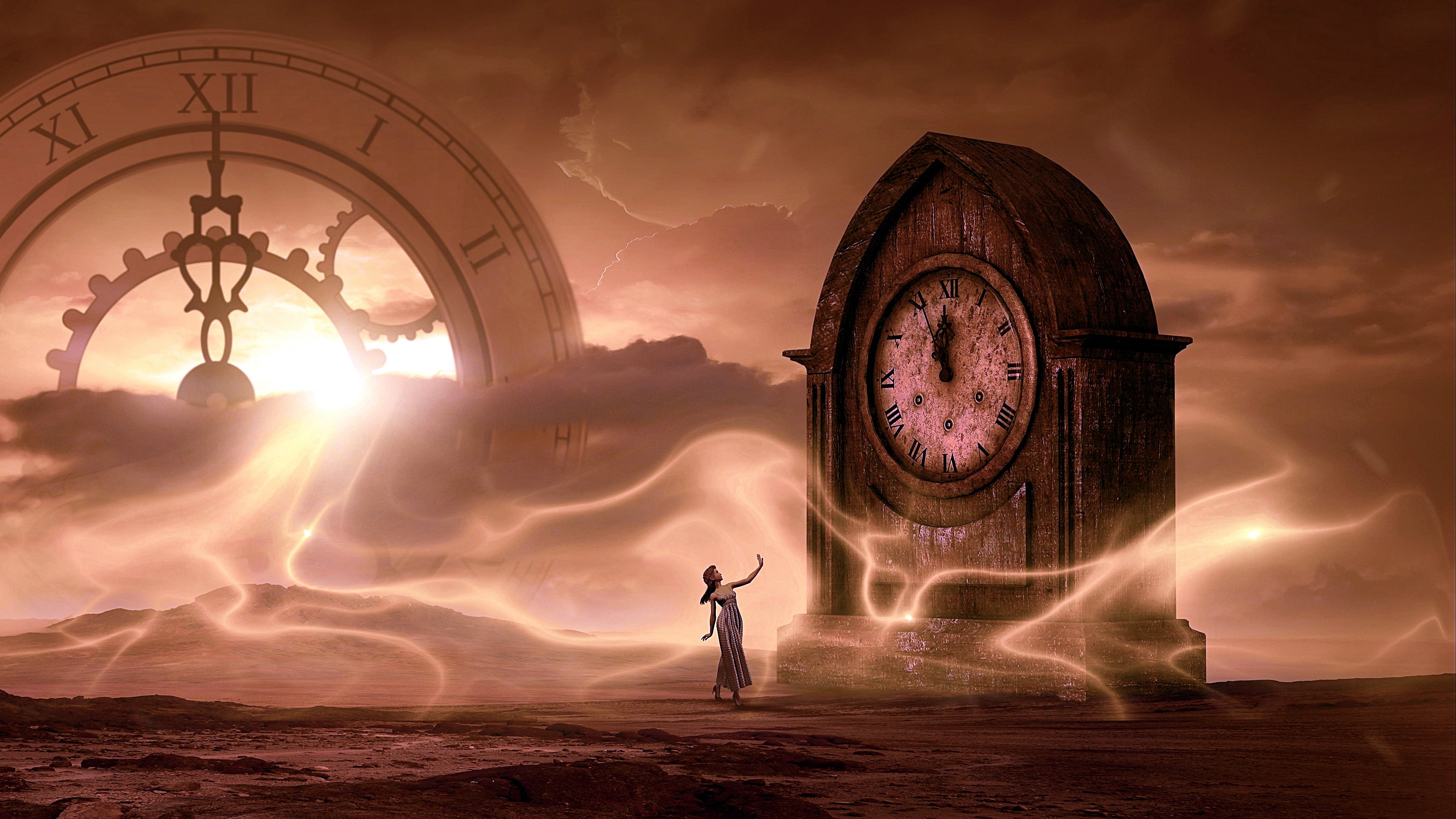 clock darkness time cg artwork energy woman fantasy art 2k 4k