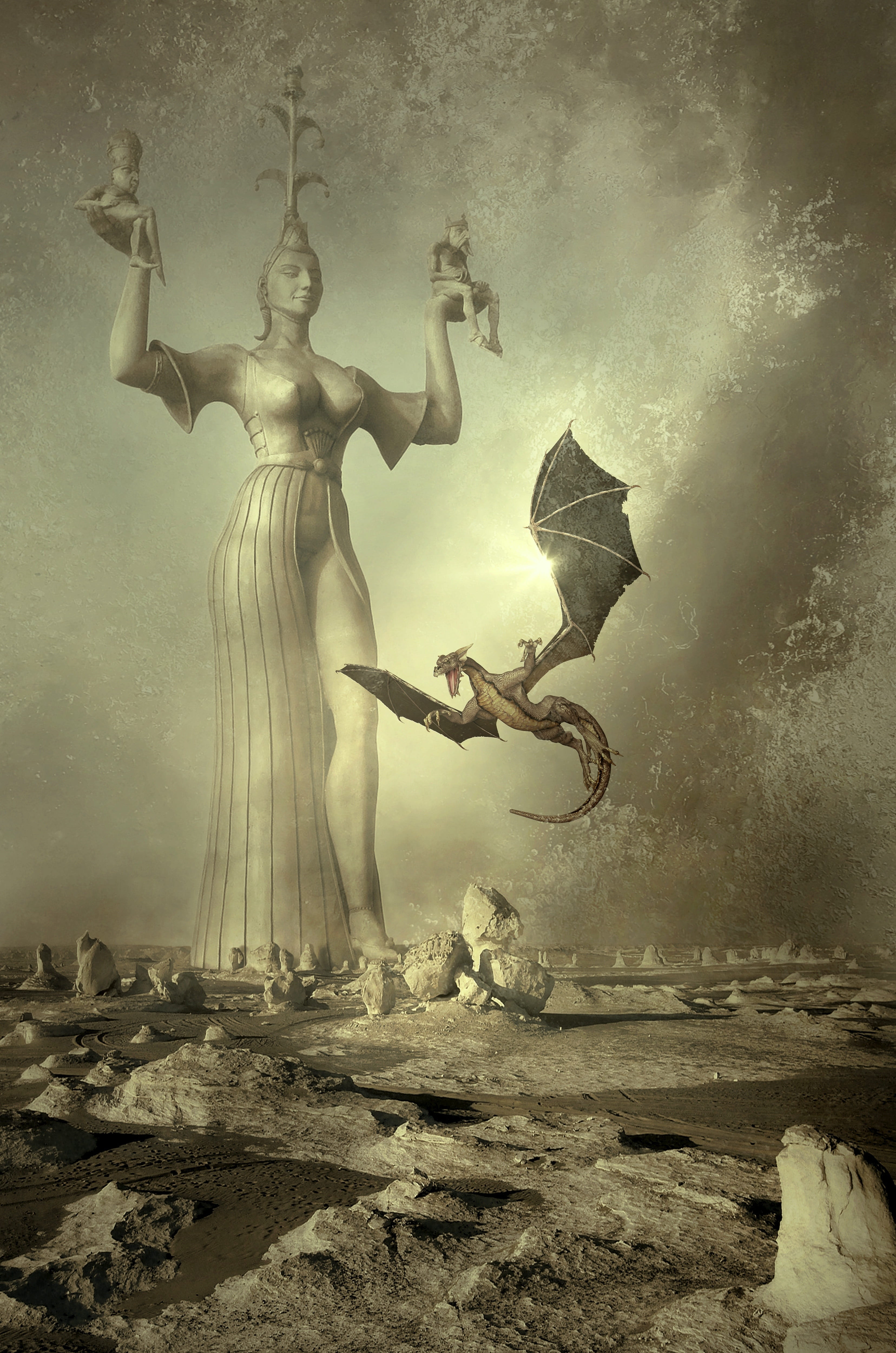 dragon flying near statue illustration fantasy book cover landscape 2k