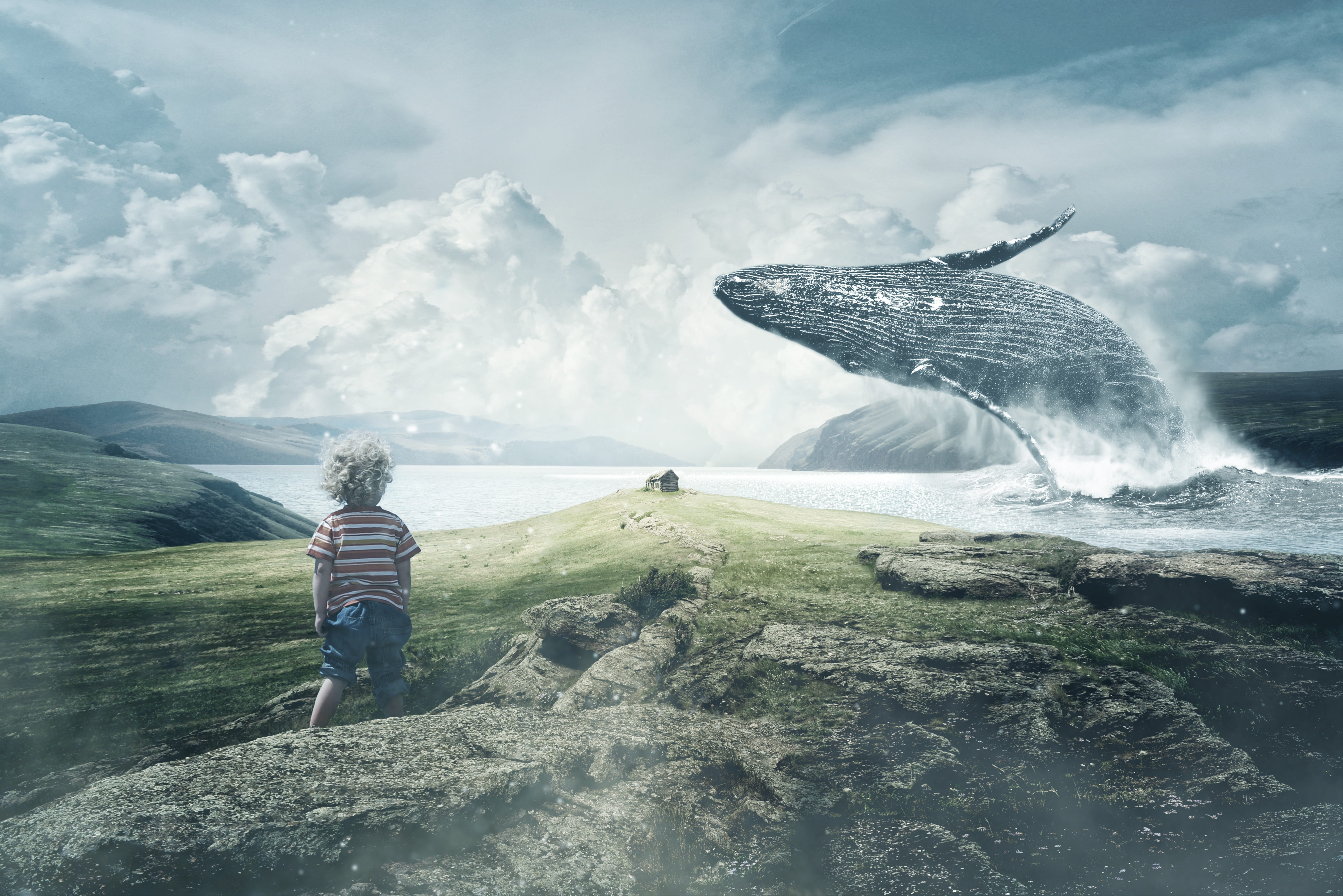 boy standing near sea with blue whale landscape wind wal child 2k 4k 5k