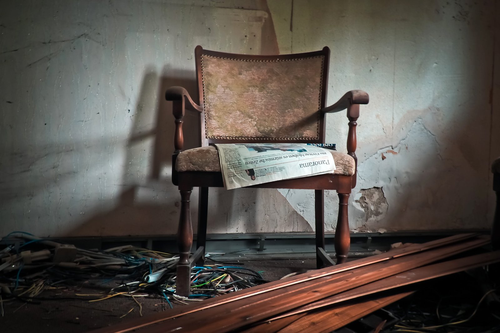 brown wooden armchair lost places building old moss mold 2k 4k 5k