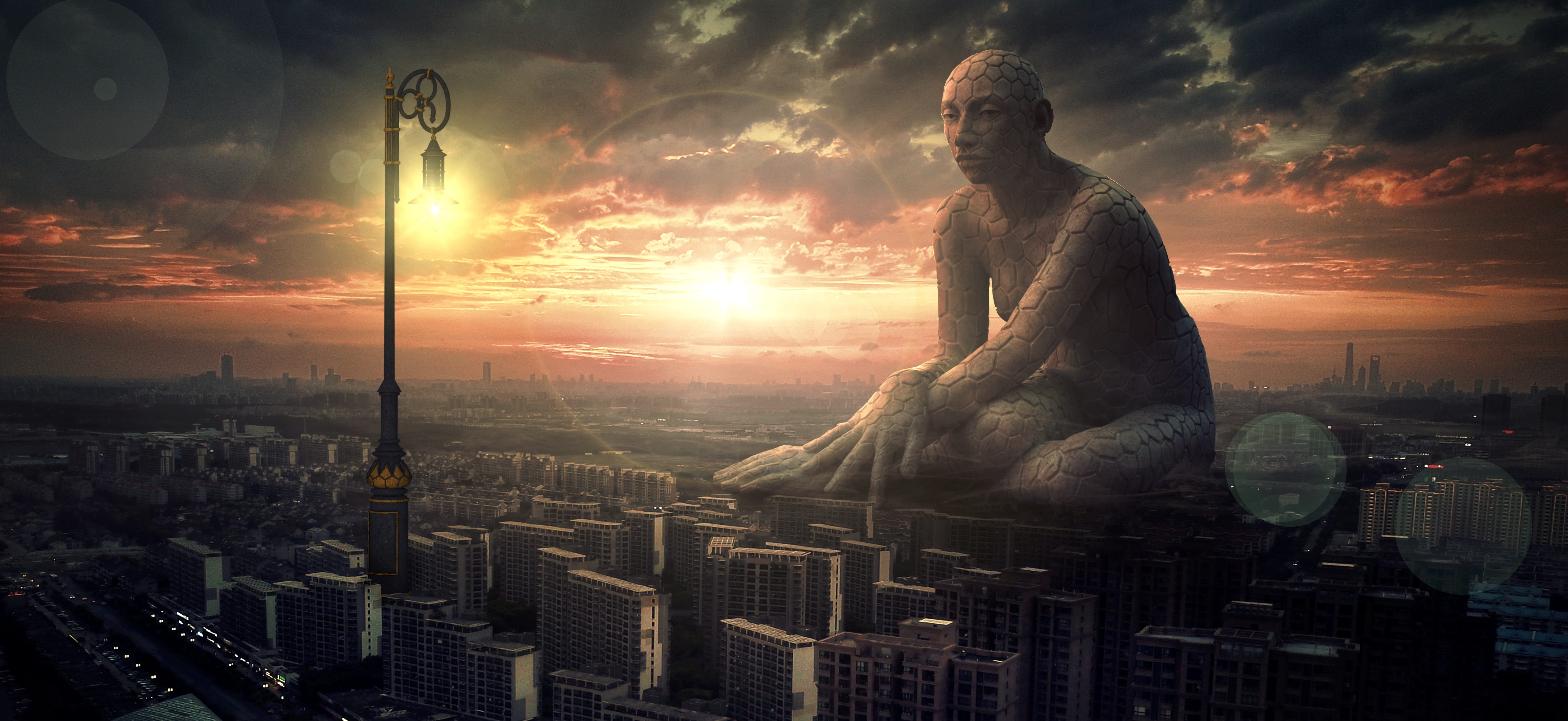 fantasy city figure large lantern light sky sun clouds 2k 4k 5k