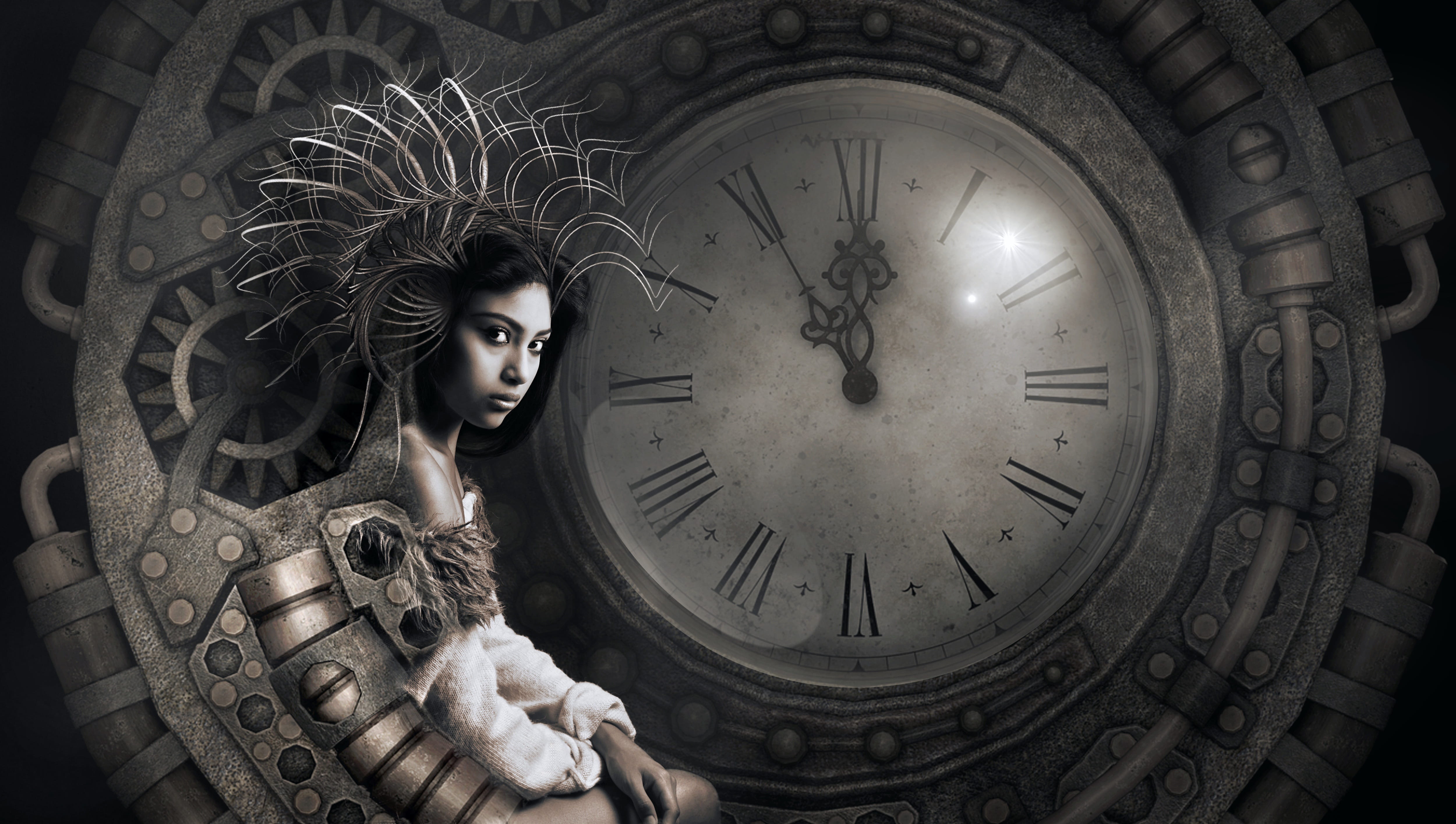 fantasy clock woman surreal light mysterious mood girl 2k 4k 5k
