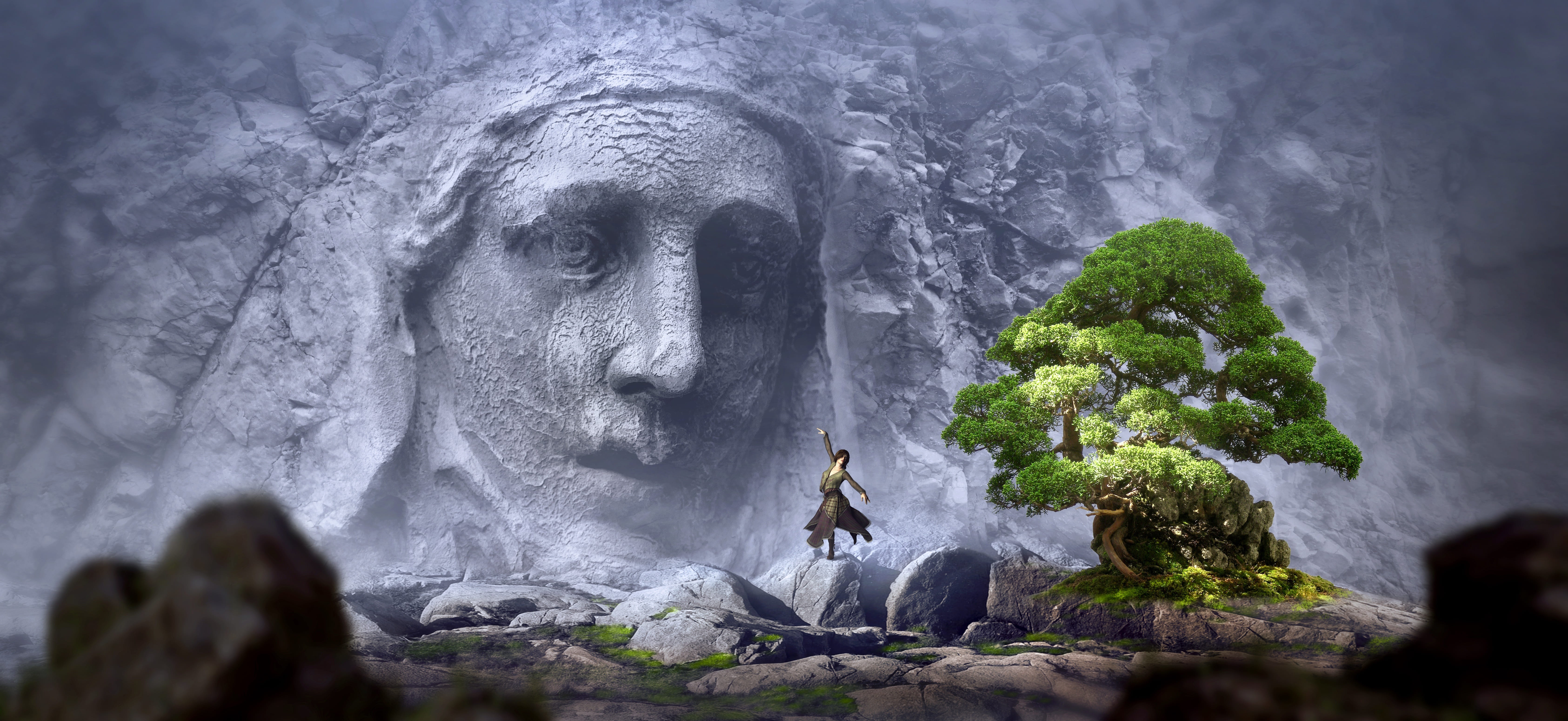 fantasy face rock tree woman dance landscape fairy tales 2k 4k 5k