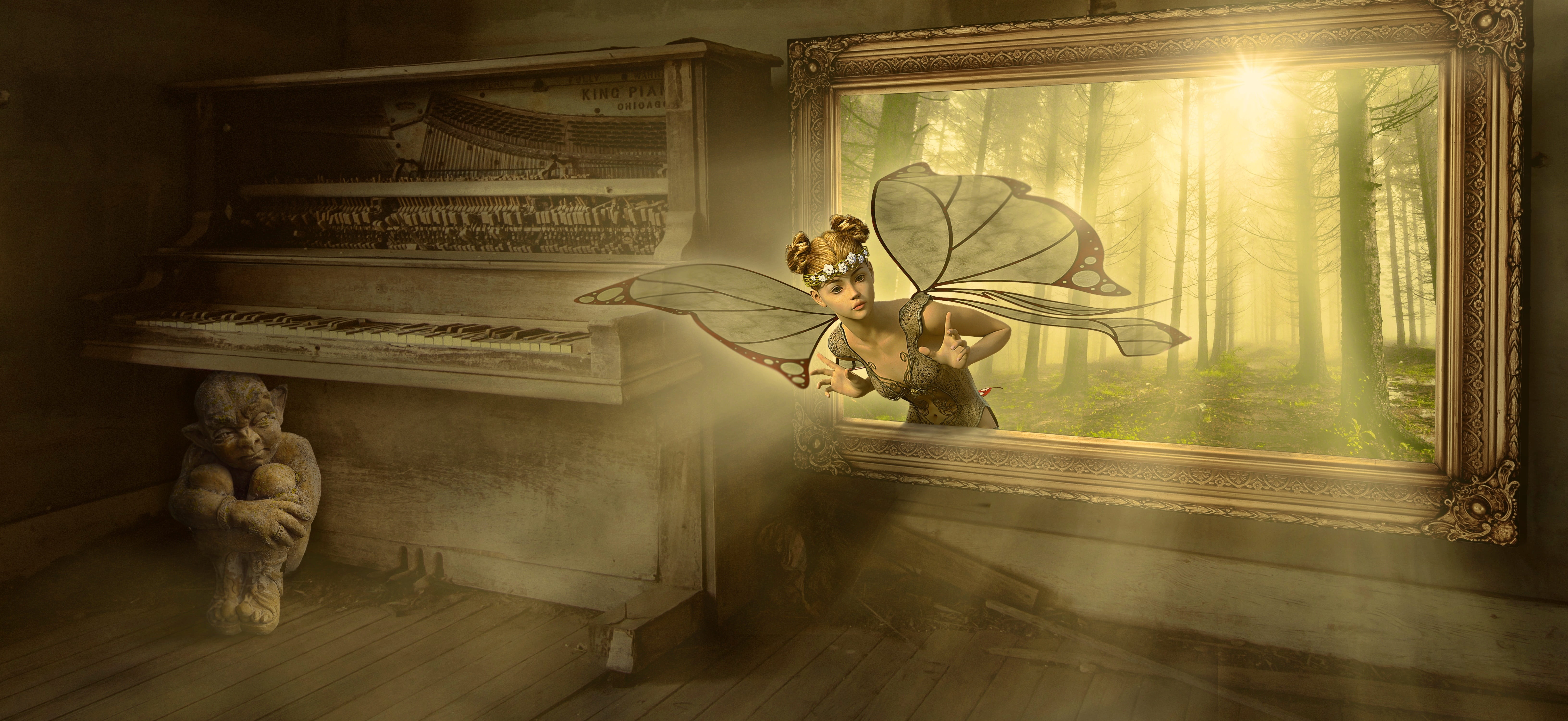 fantasy fairy tales elf kobold image window piano space 2k 4k 5k