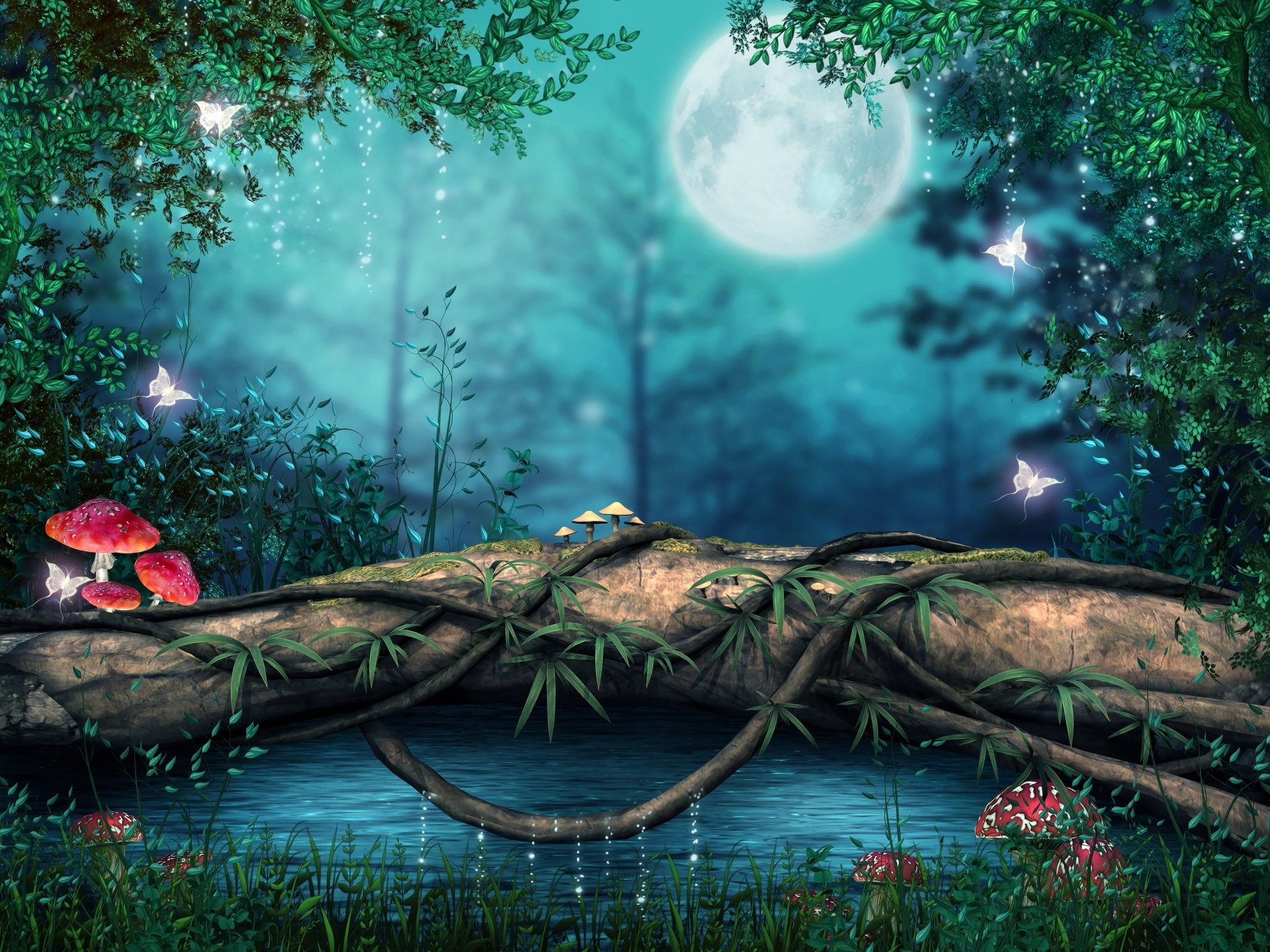 Fantasy Forest Butterfly Log Moon Mushroom Mystic 2k