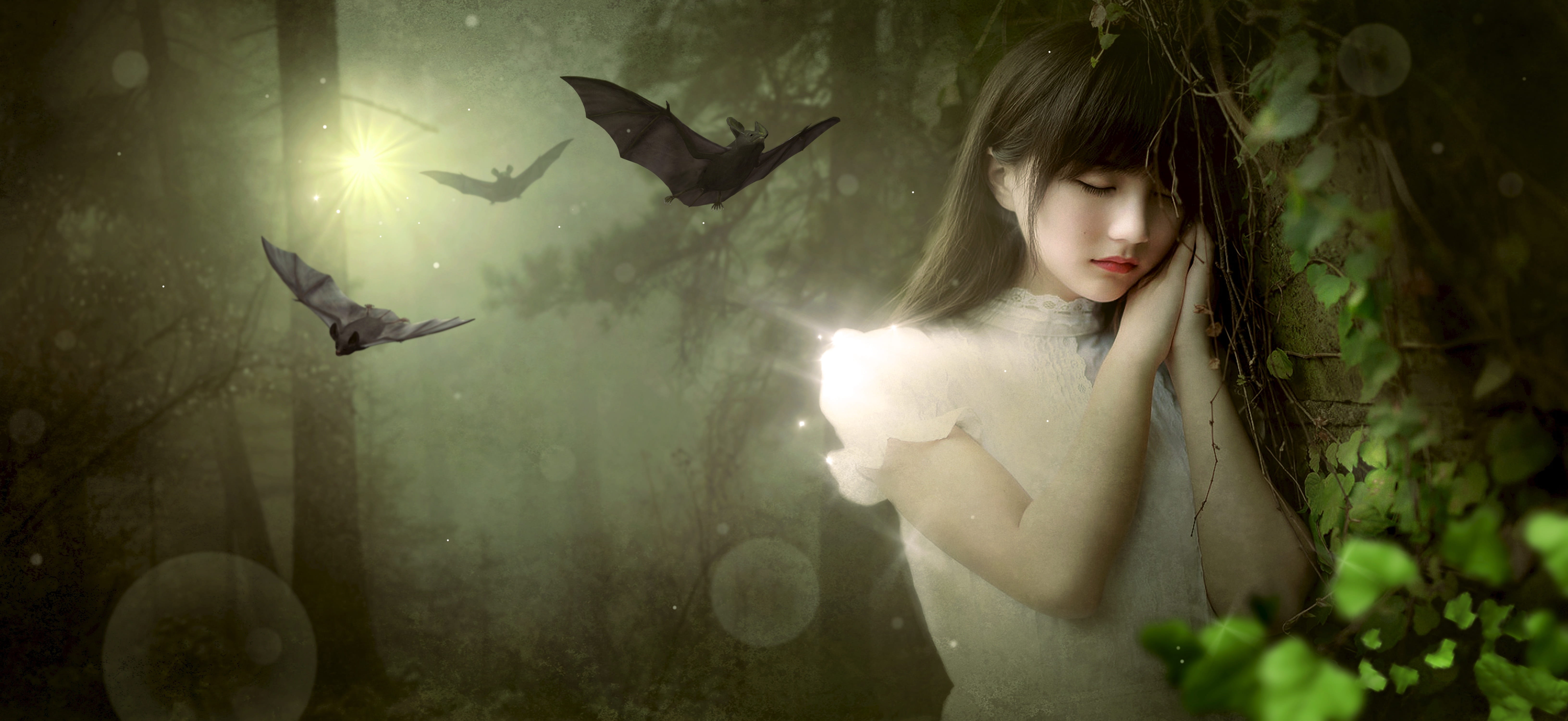fantasy girl forest bat mood mysterious nature dream 2k 4k 5k