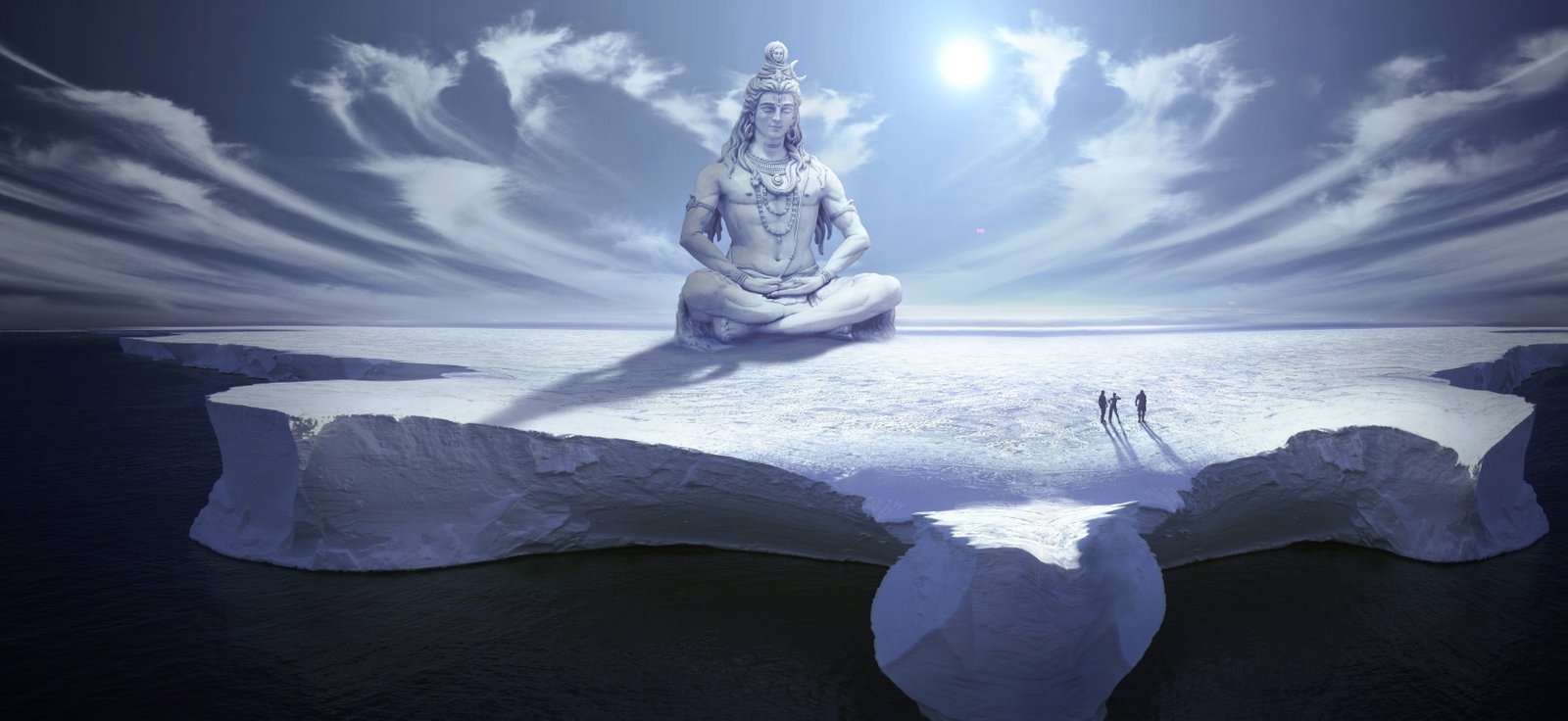 fantasy ice snow arctic buddha statue human sky clouds 2k 4k 5k