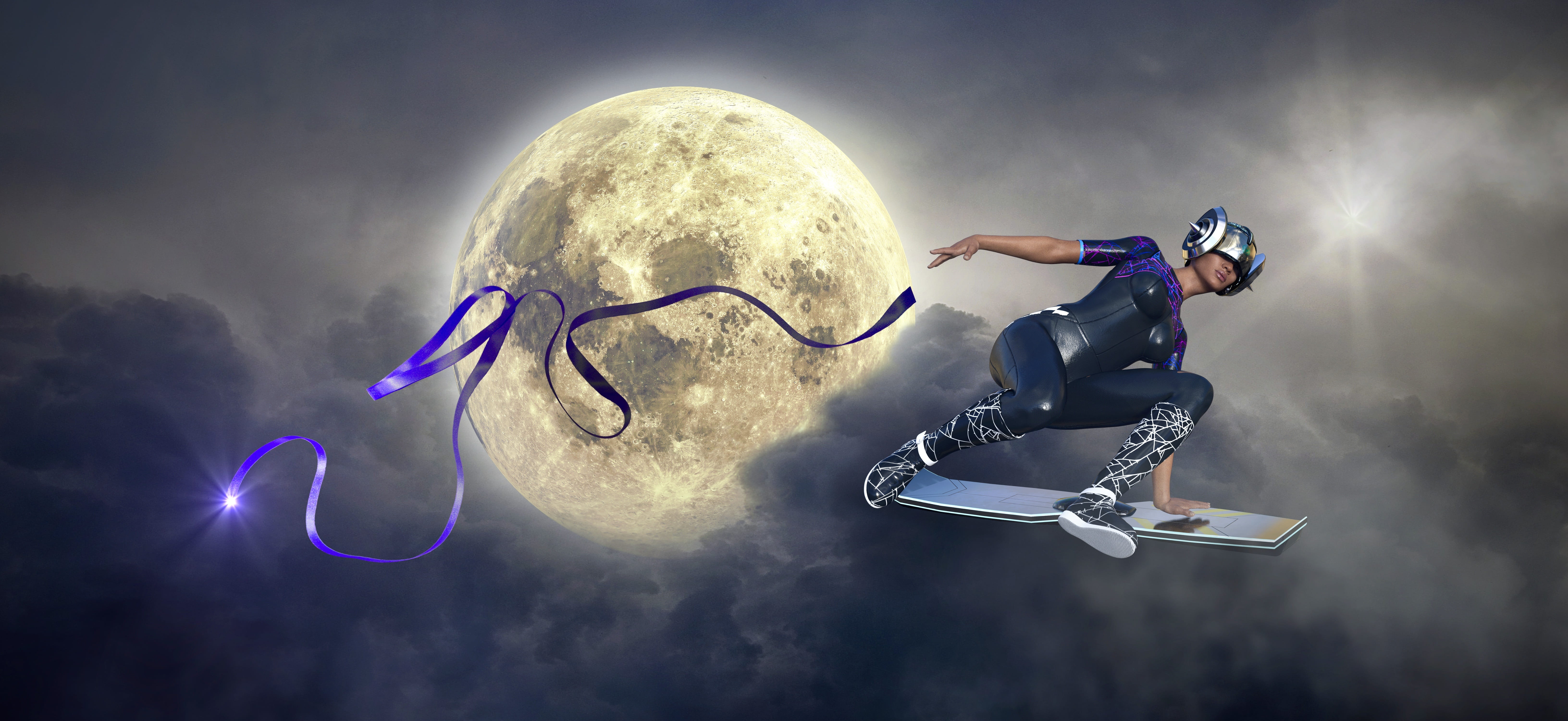 fantasy moon skateboard woman band clouds light flying 2k 4k 5k
