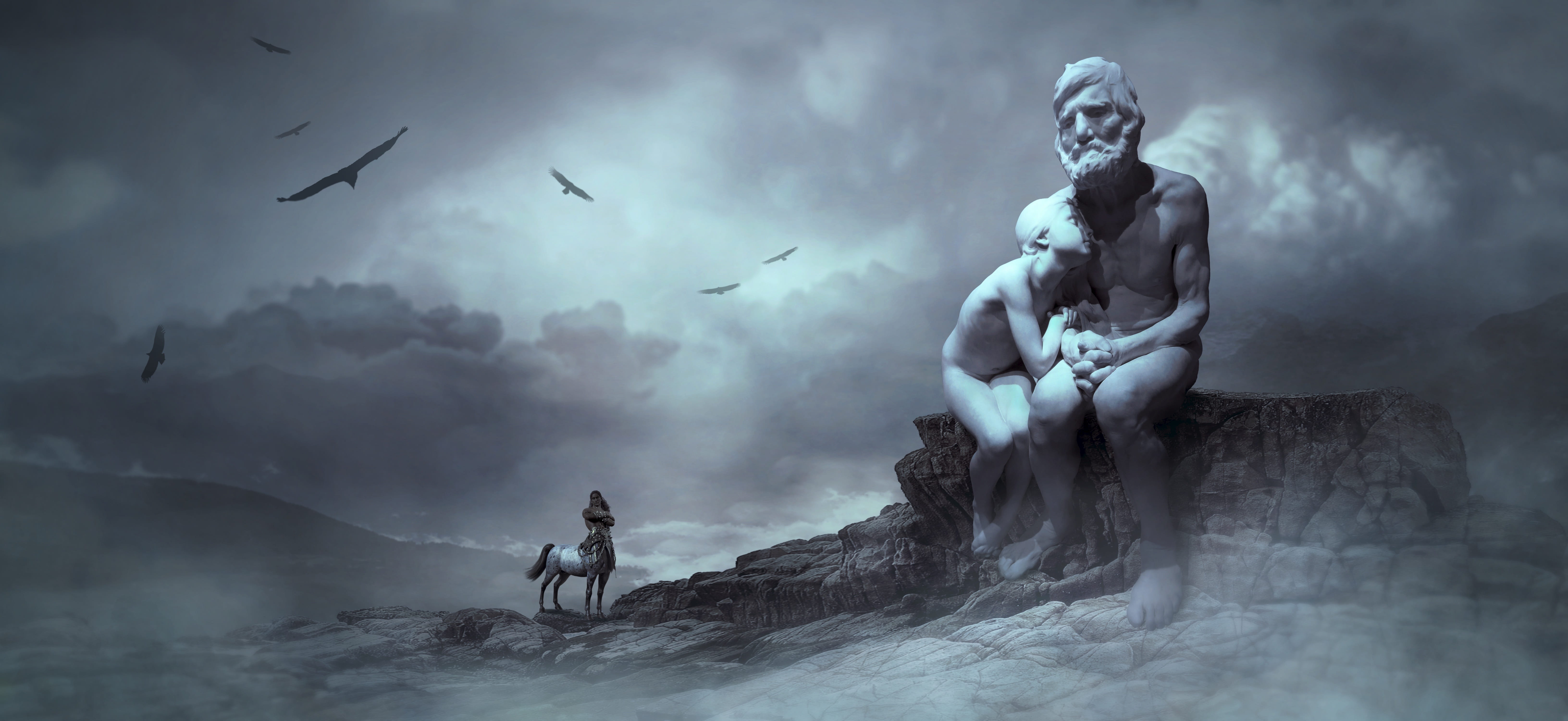 fantasy sculpture man old girl young centaur fairytale 2k 4k 5k