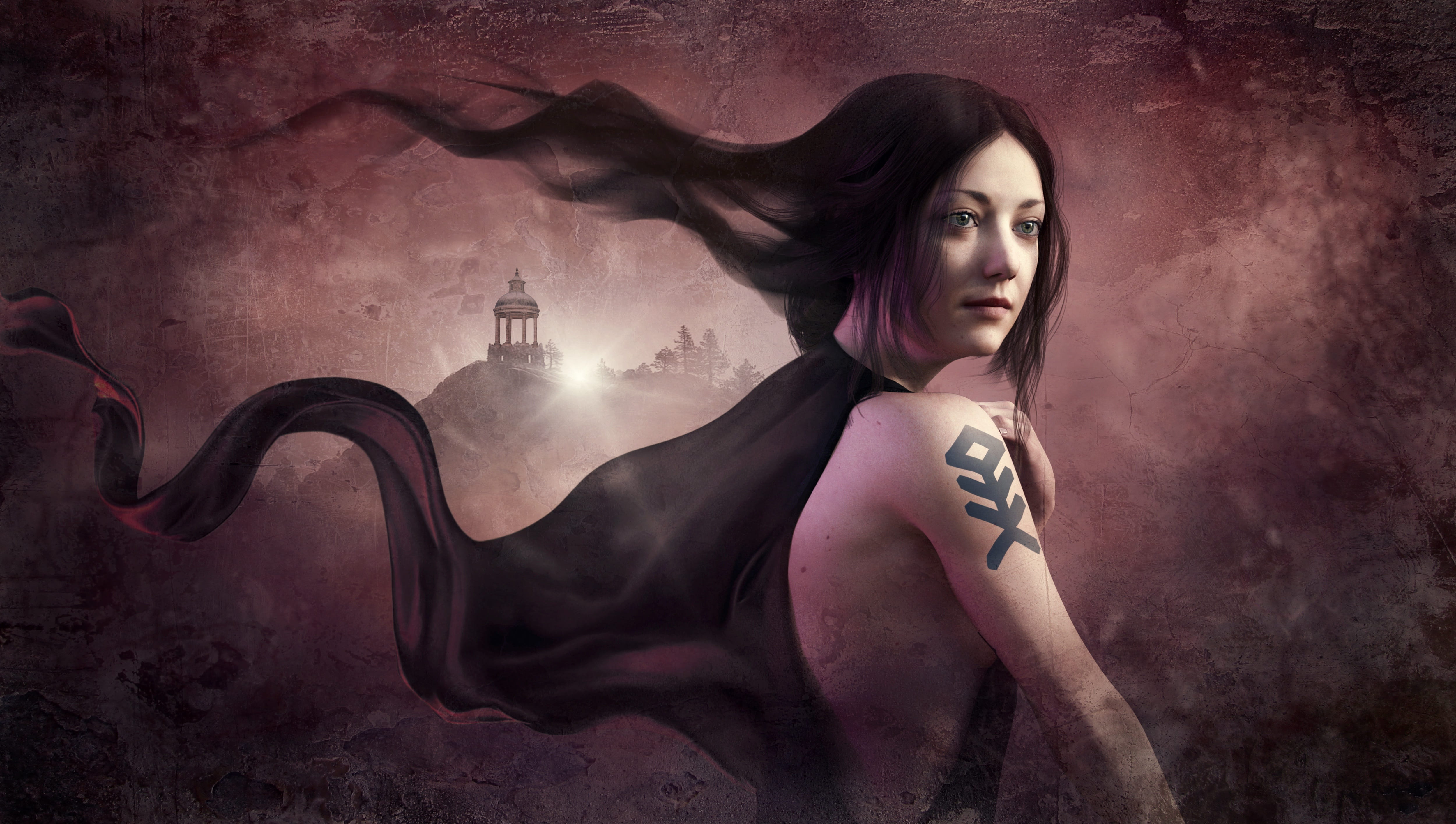 fantasy woman gloomy wind black hair tattoo mystical 2k 4k 5k