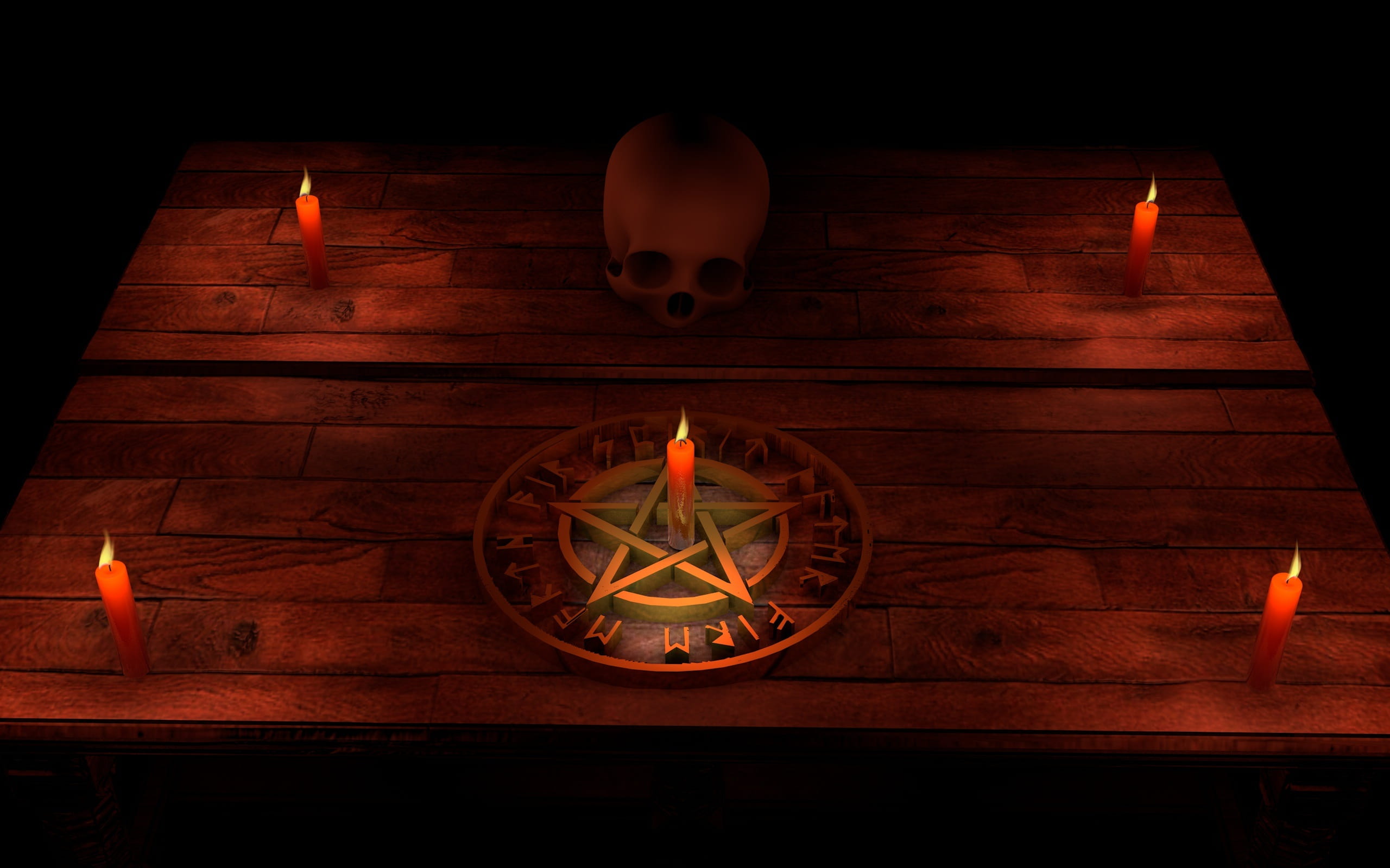 five red candles brown pentagram and human skull pentacle 2k