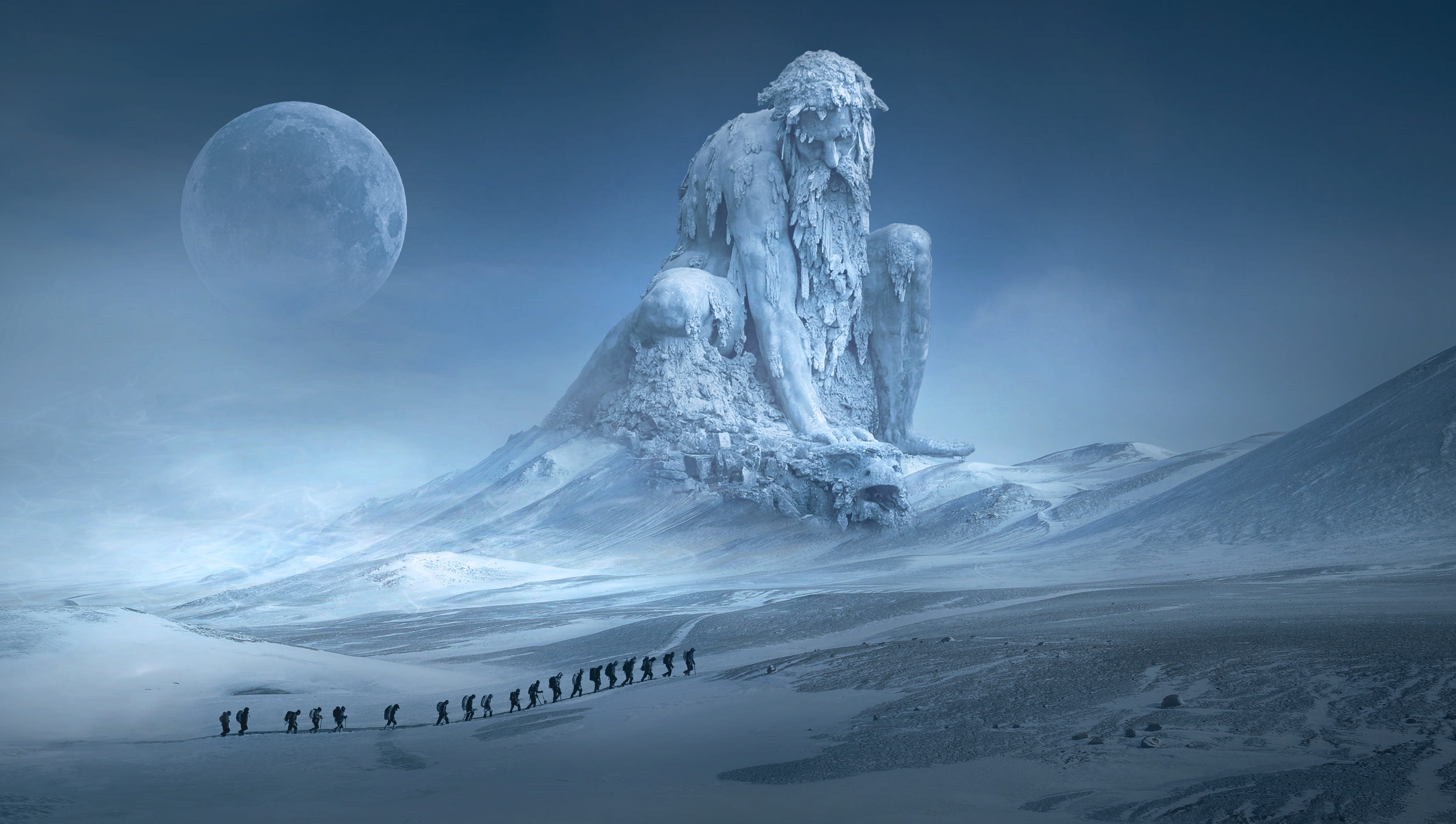 giant frozen man statue artwork silhouette of group people in line under full moon with bearded mountain background 2k 4k 5k