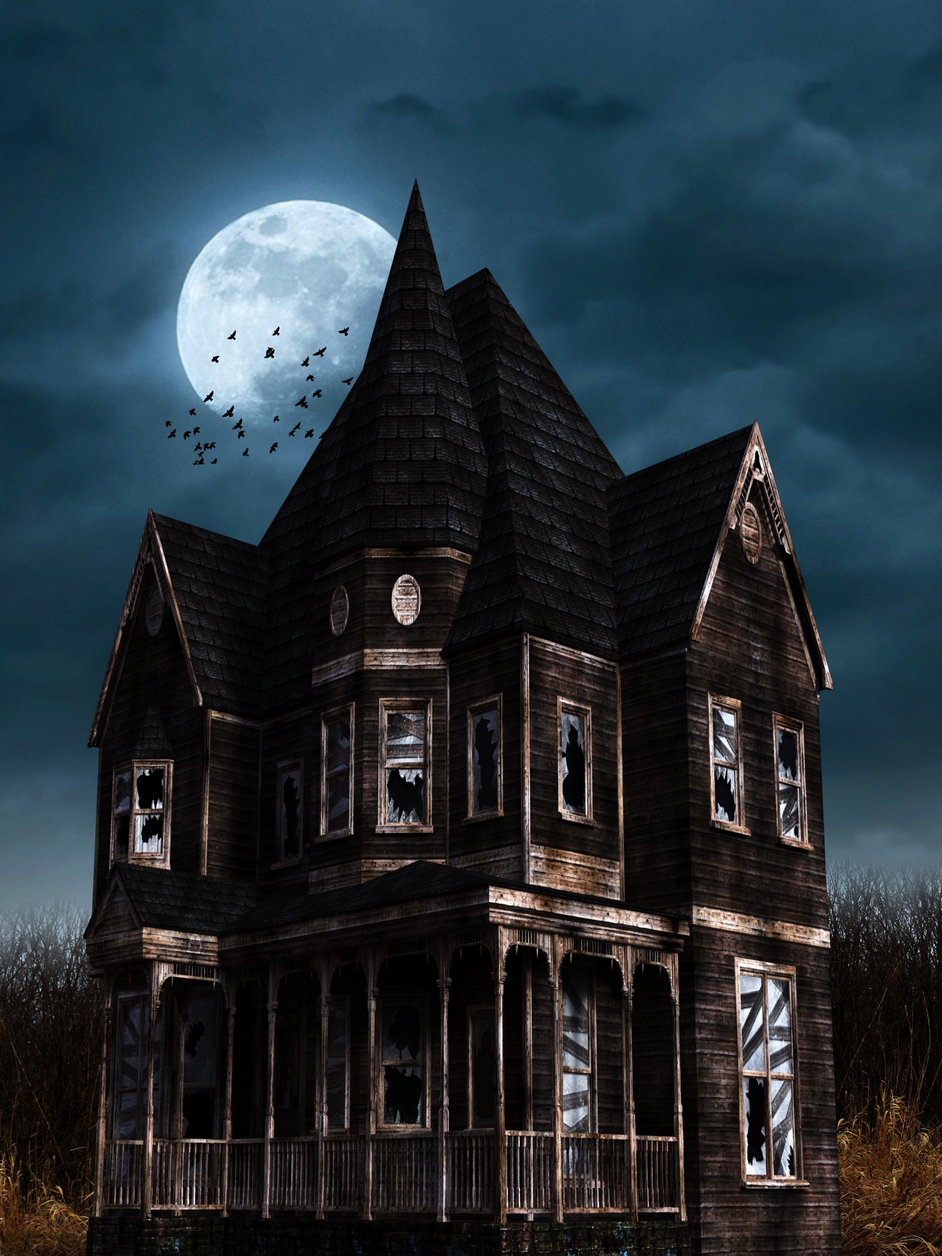 gray and black mansion illustration halloween bates hotel gruslehaus 2k