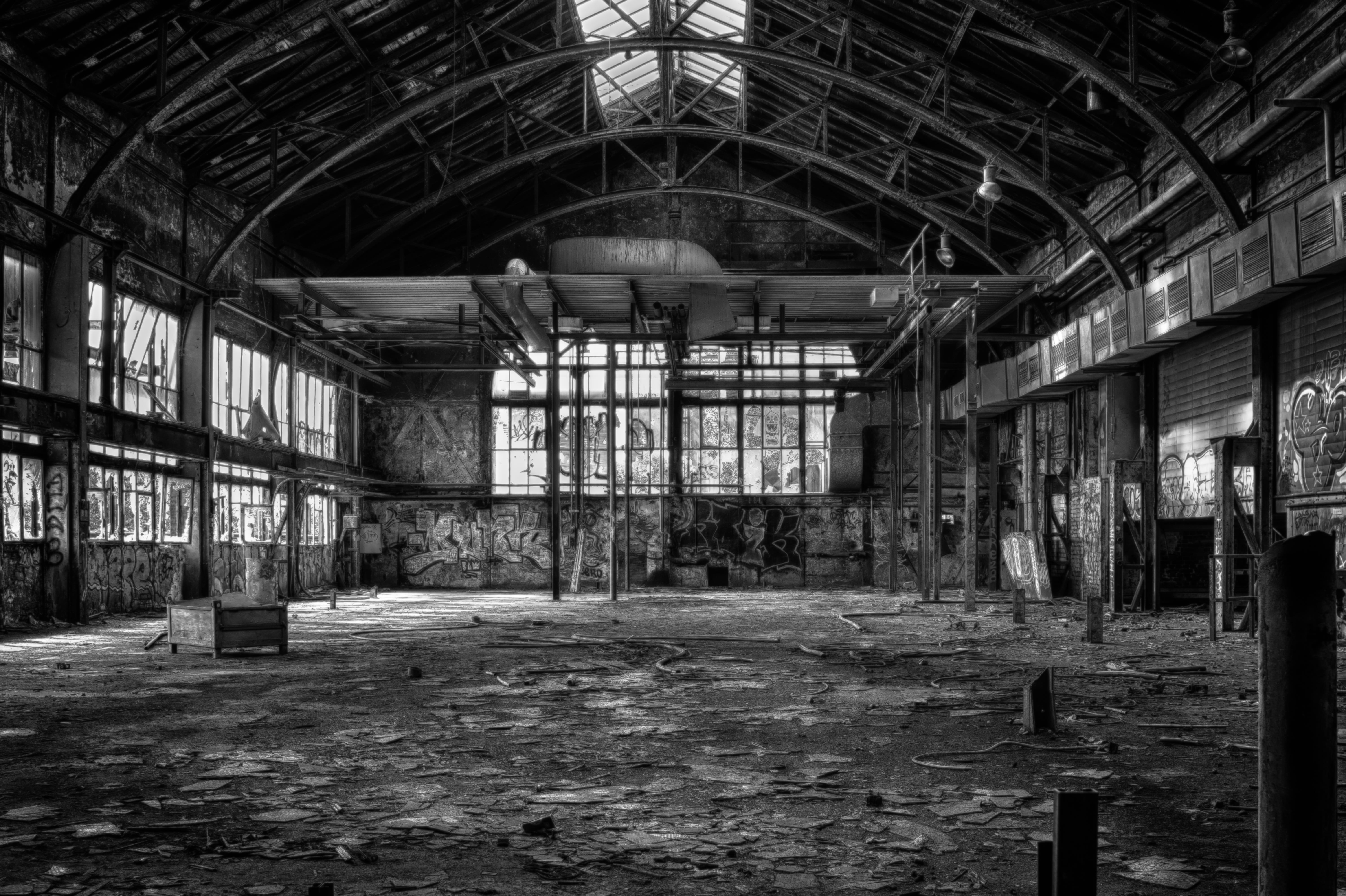 grayscale photography of abandoned building lost places black and white 2k 4k 5k