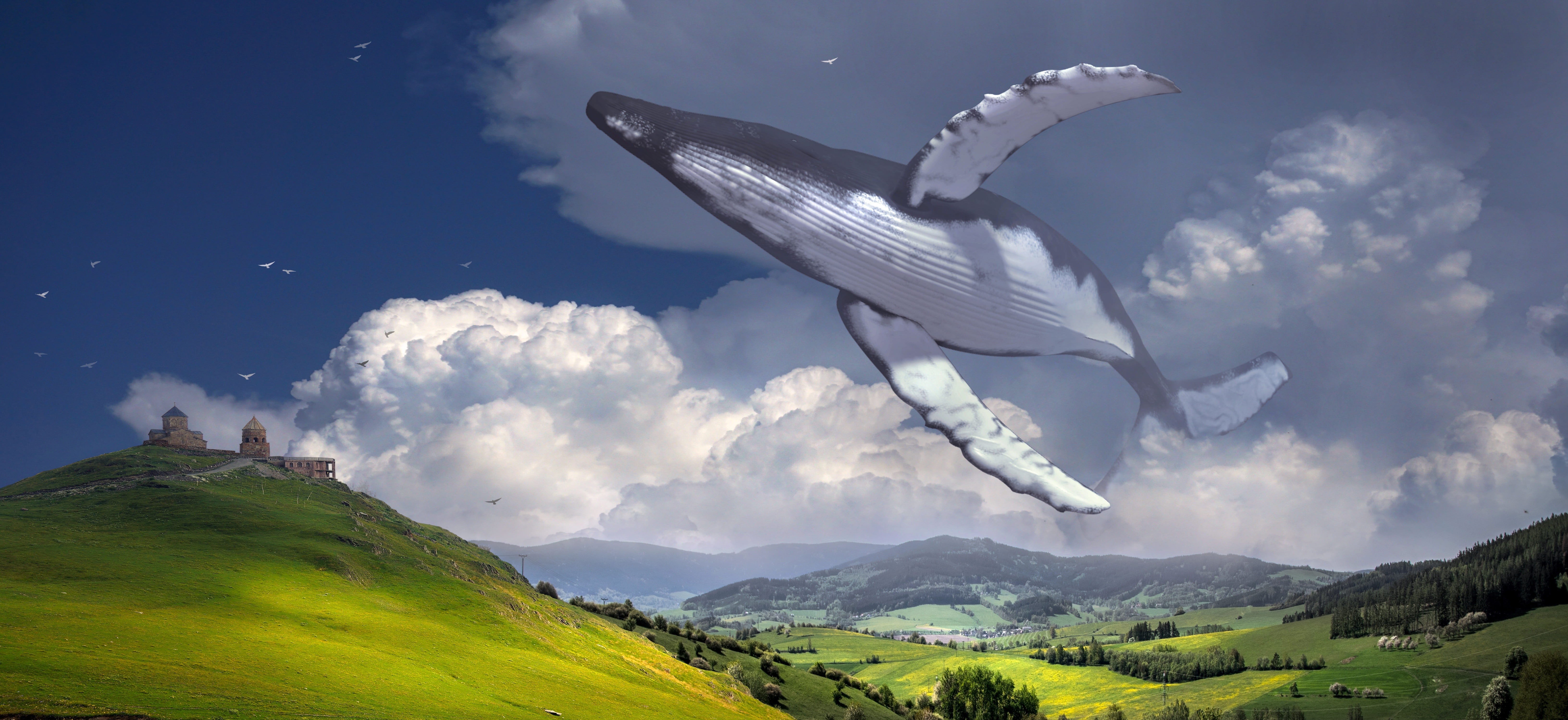 green mountain fantasy wal landscape fly clouds mystical 2k 4k 5k