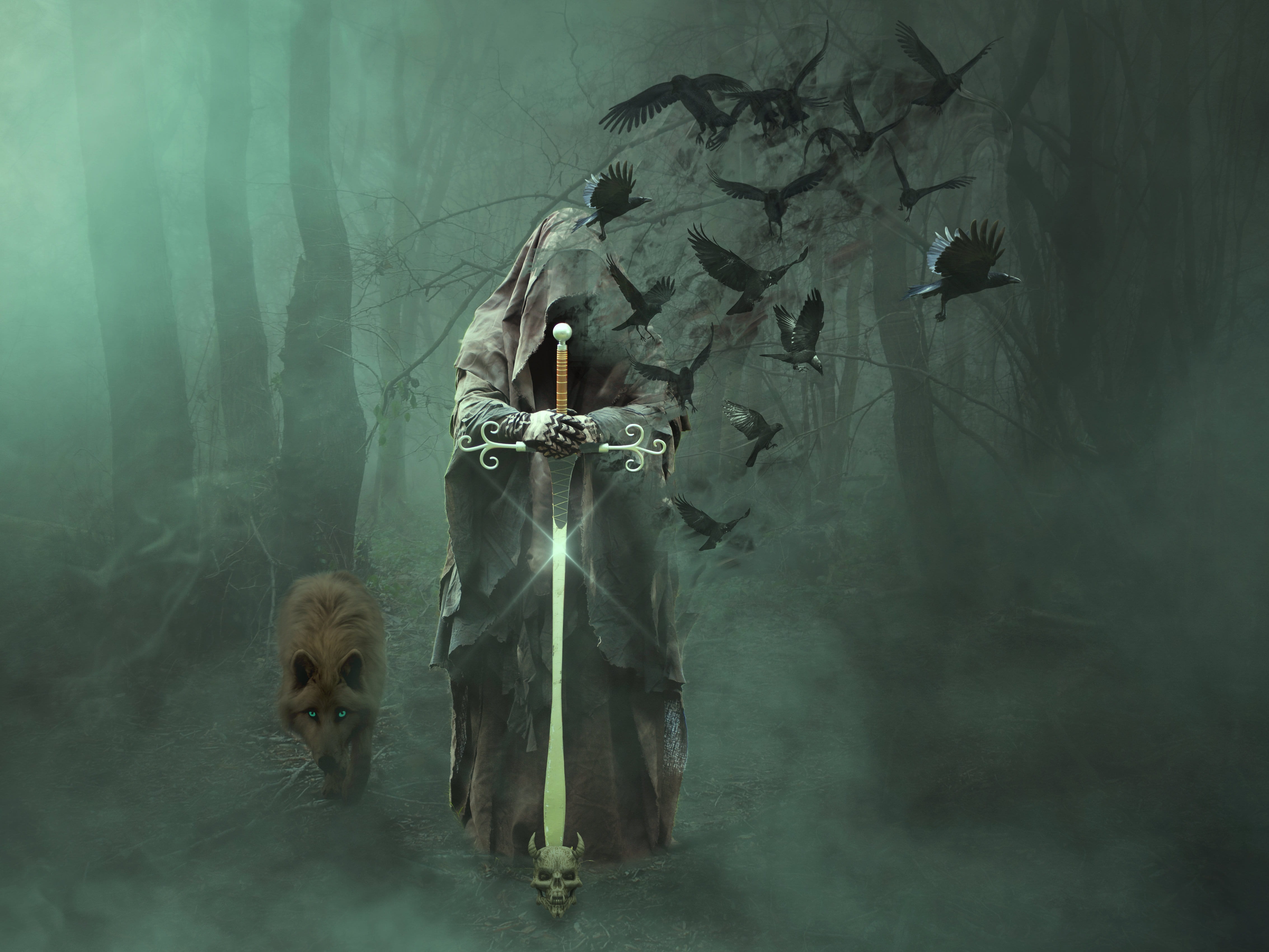 man holding a sword game wallpaper magician forest wolf fantasy 2k 4k 5k