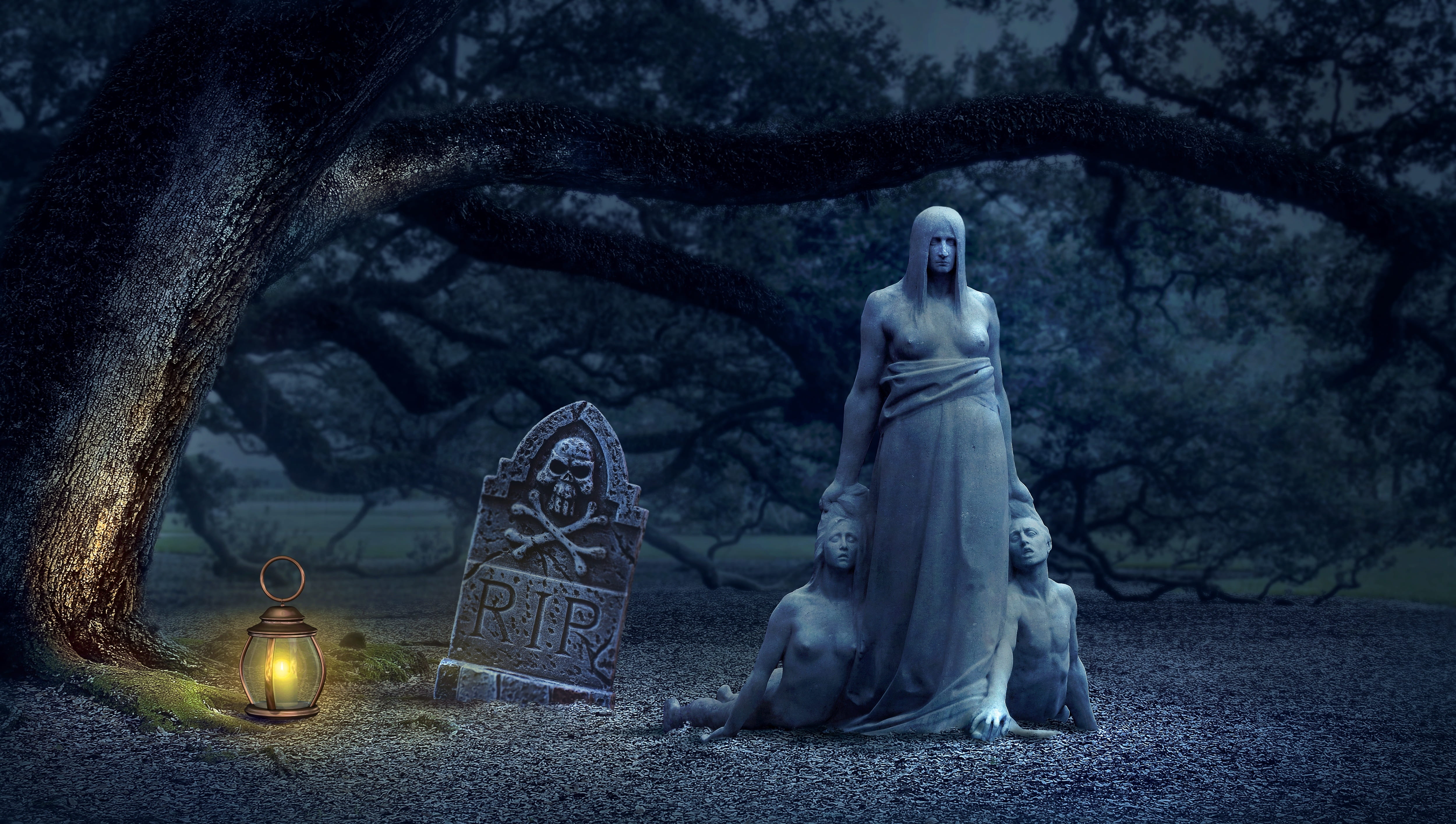 man holding and woman with RIP tombstone digital wallpaper 2k 4k 5k