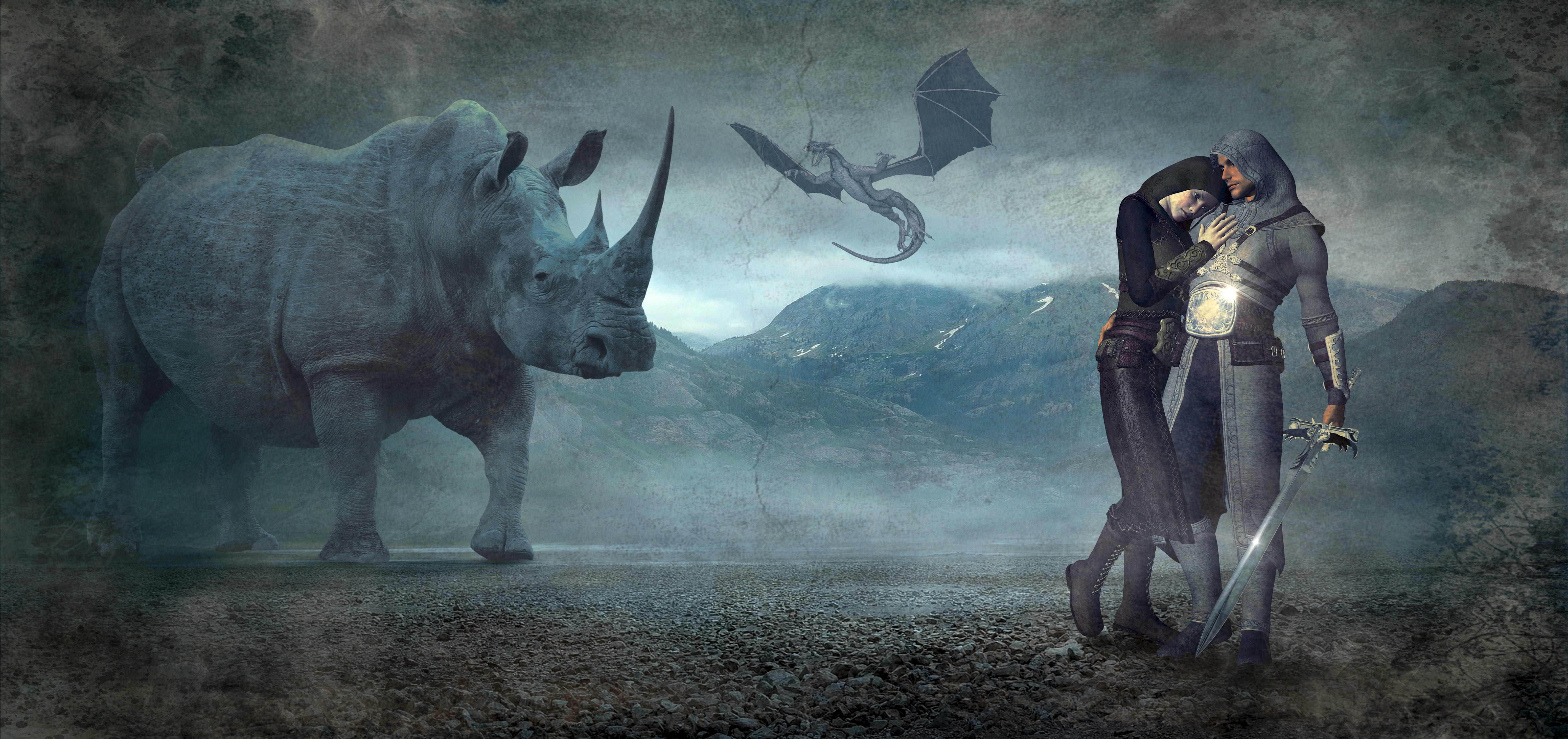 man holding sword near grey rhino painting fantasy dragons 2k 4k 5k