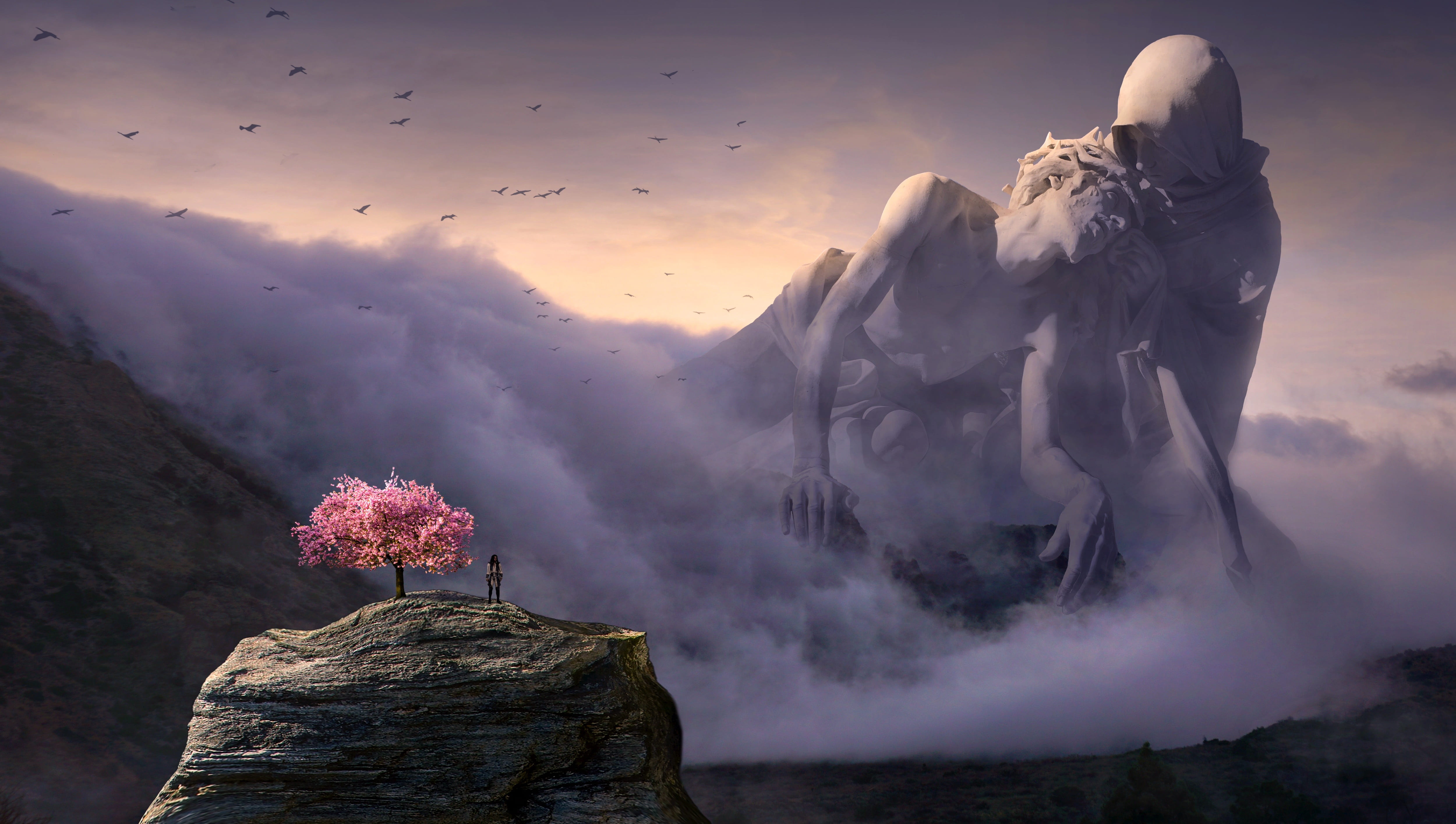 man standing on the cliff beside pink tree fantasy landscape 2k 4k 5k
