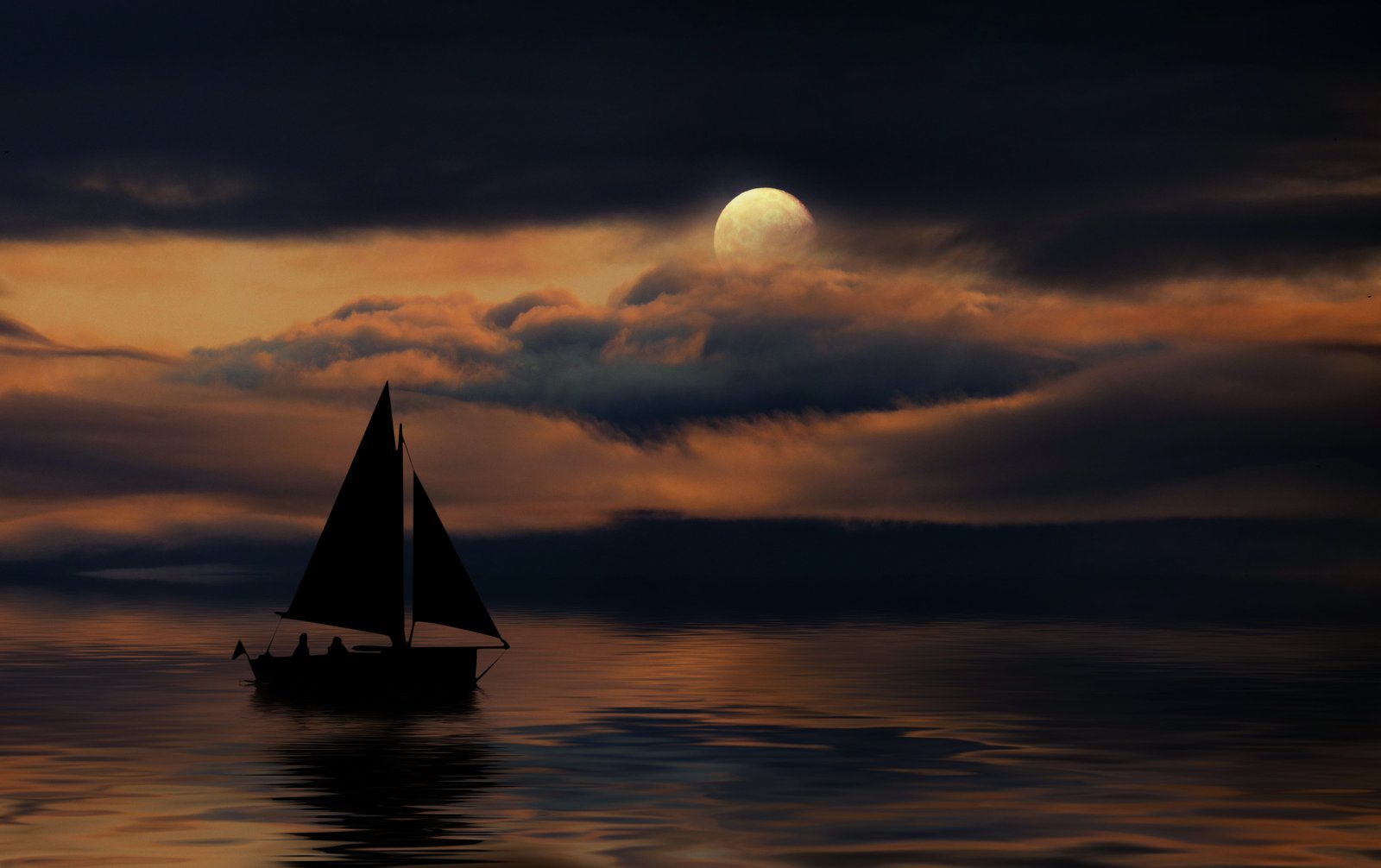 moon clouds night lake boat romance atmosphere mystical 2k 4k 5k