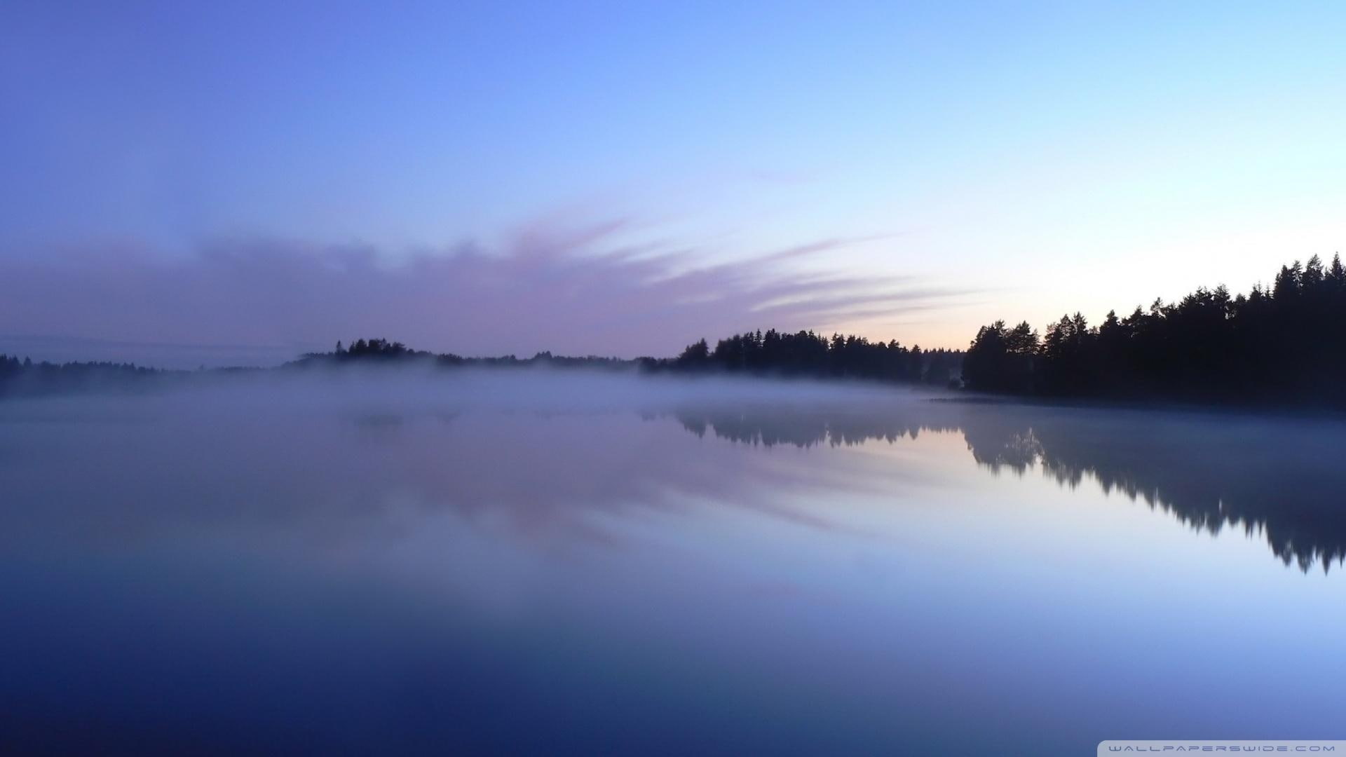 Mystic Lake trees blue mist nature and landscapes 2k