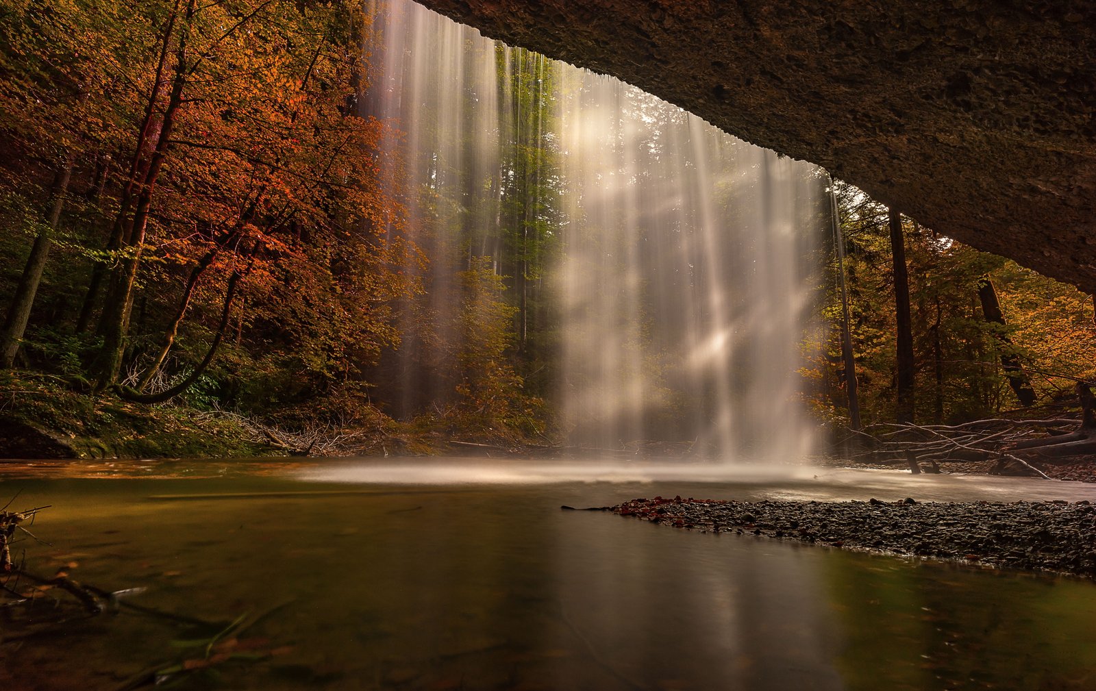 nature autumn waterfall forest landscape trees leaves 2k 4k 5k