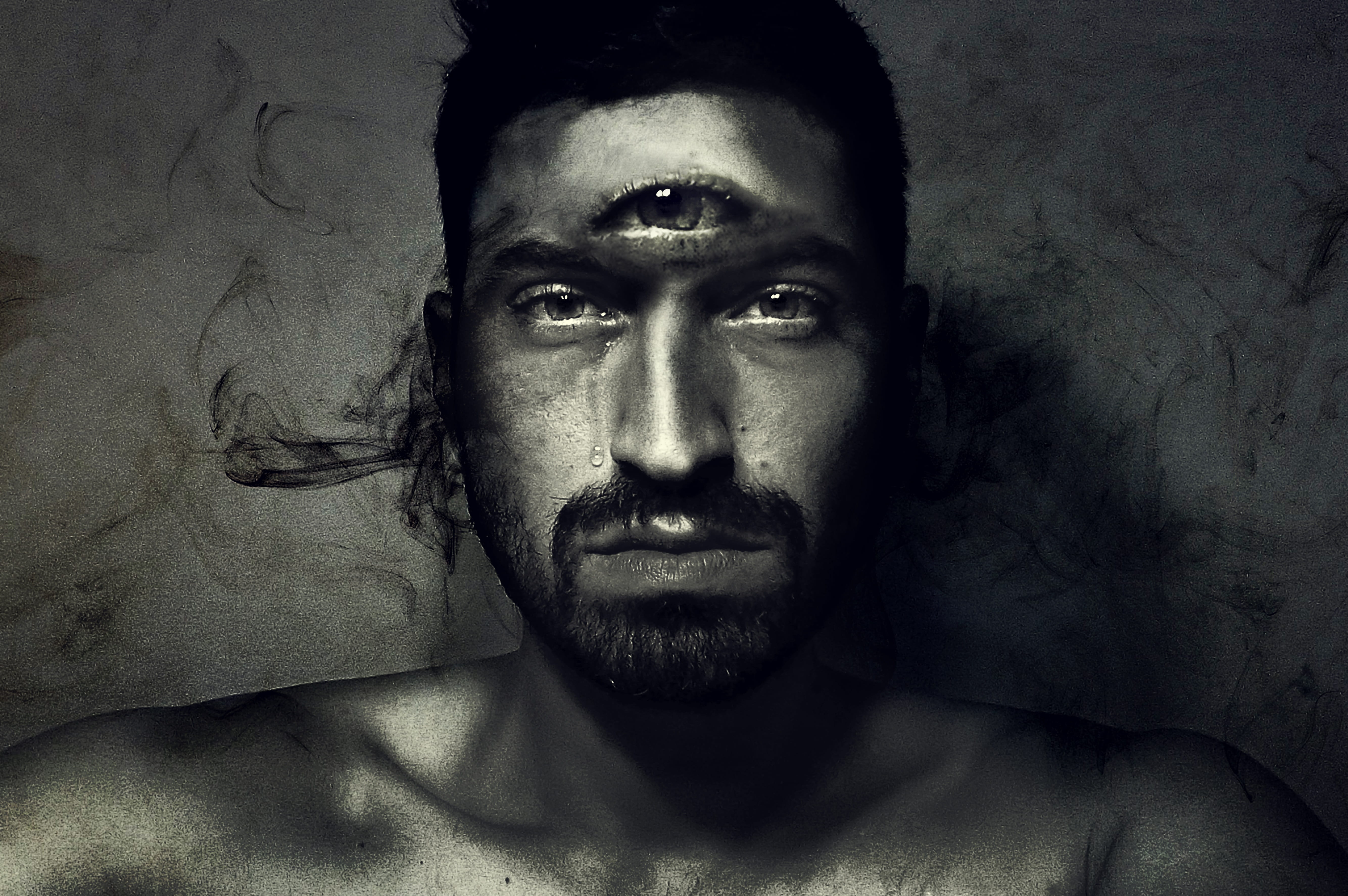 painting of man with third eye portrait tear black and white 2k 4k 5k