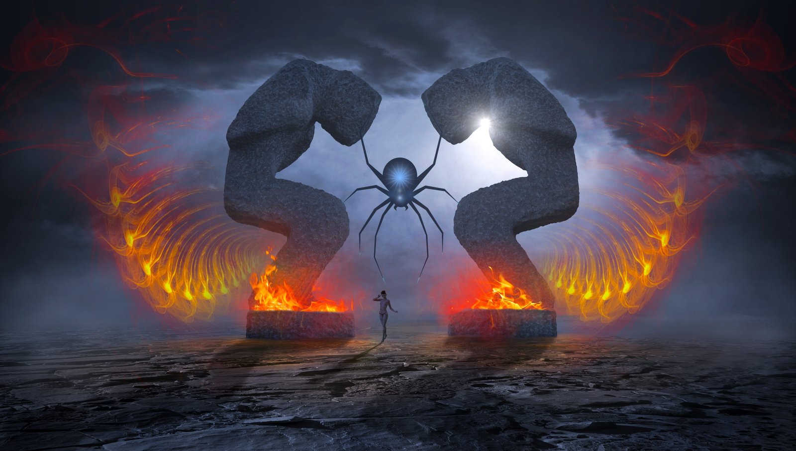 person between two gray statues fantasy sculpture fire mystical 2k 4k 5k