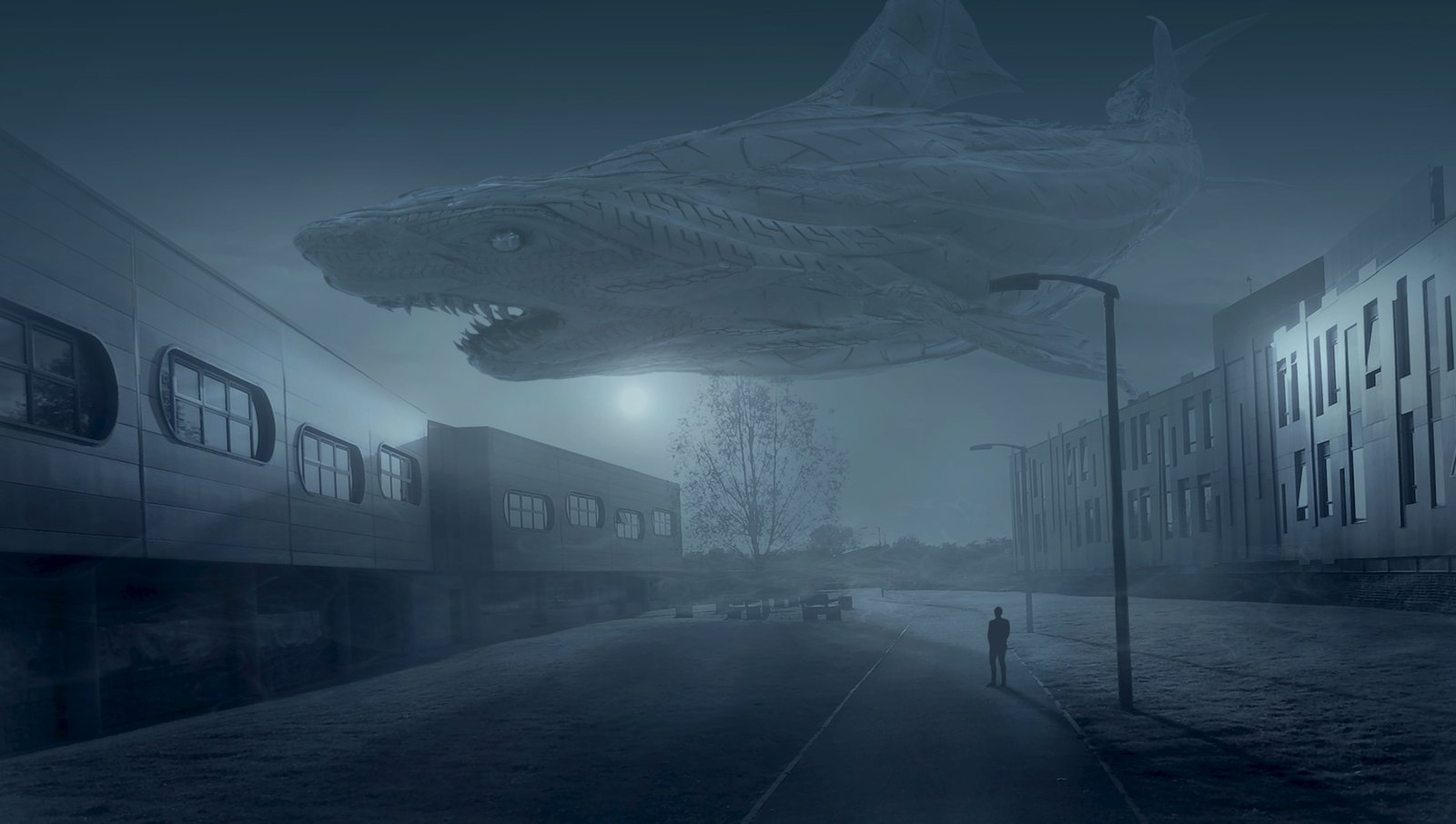 person watching shark illustration fantasy mystical building 2k 4k 5k