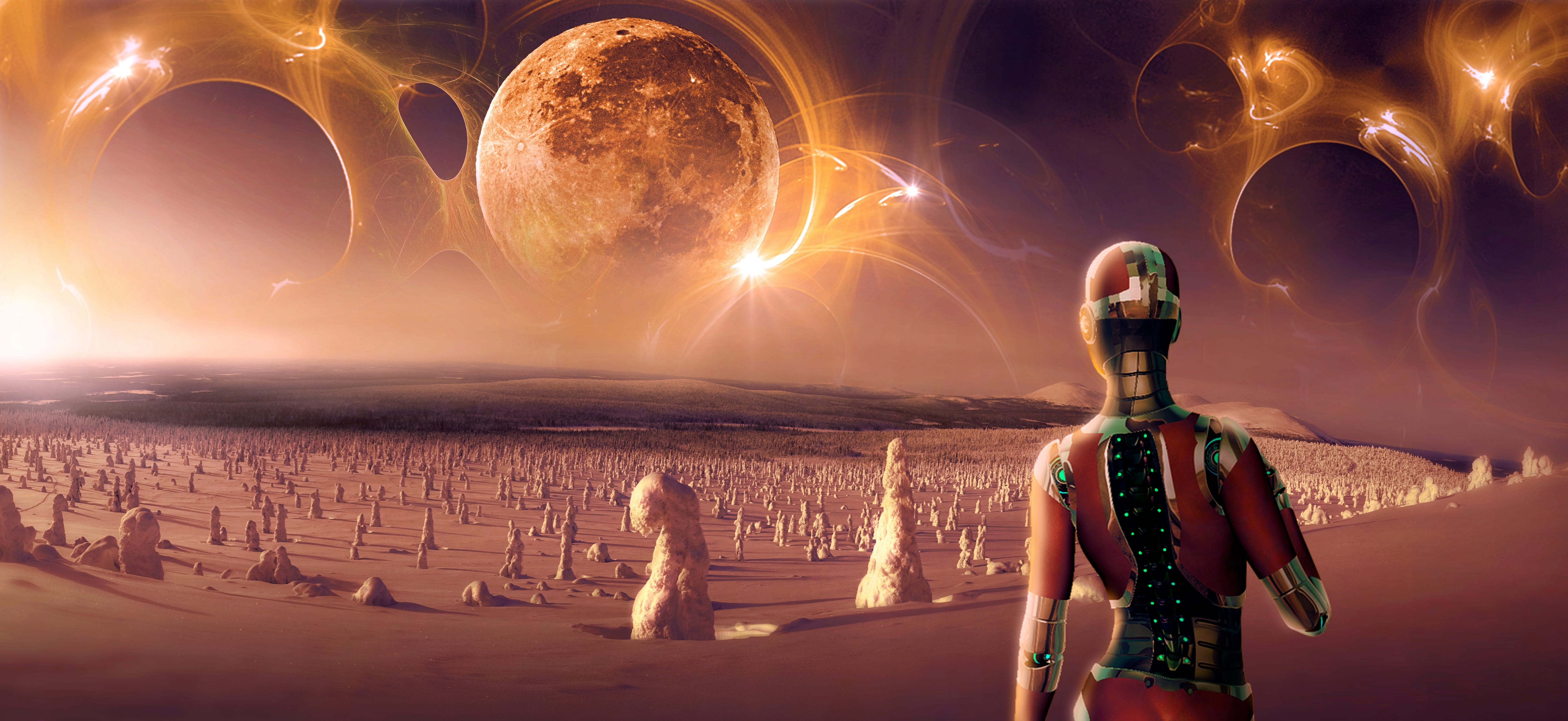 person wearing red suit standing near white rock formation under moon 2k 4k 5k