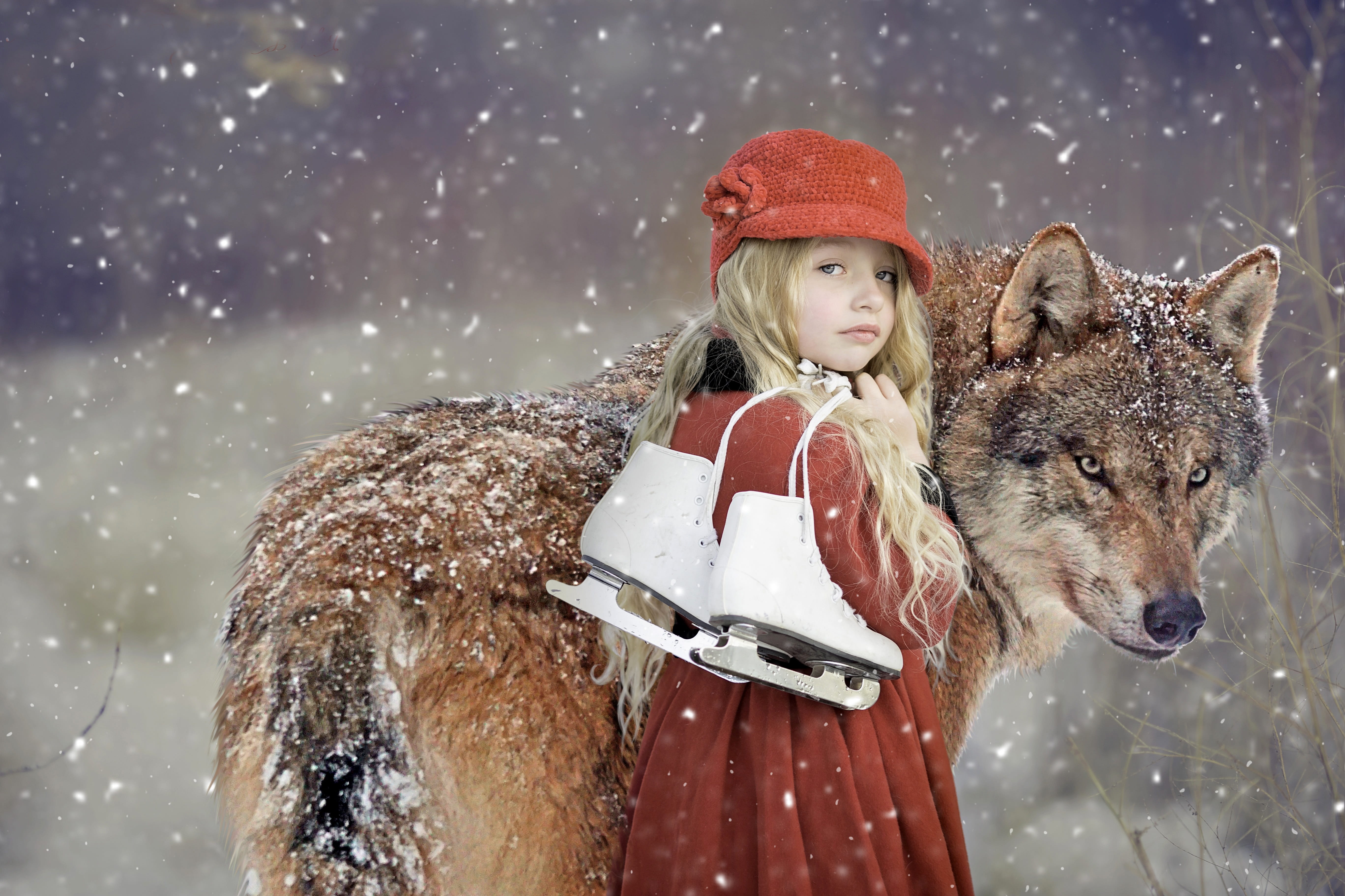 rotk ppchen wolf girl child snow snowflakes winter christmas 2k 4k 5k
