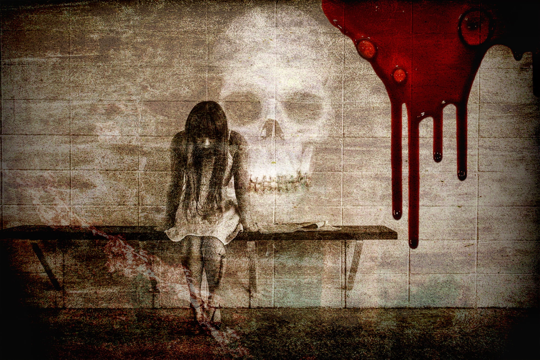 skull print with blood and girl sitting on a bench sad lonely 2k