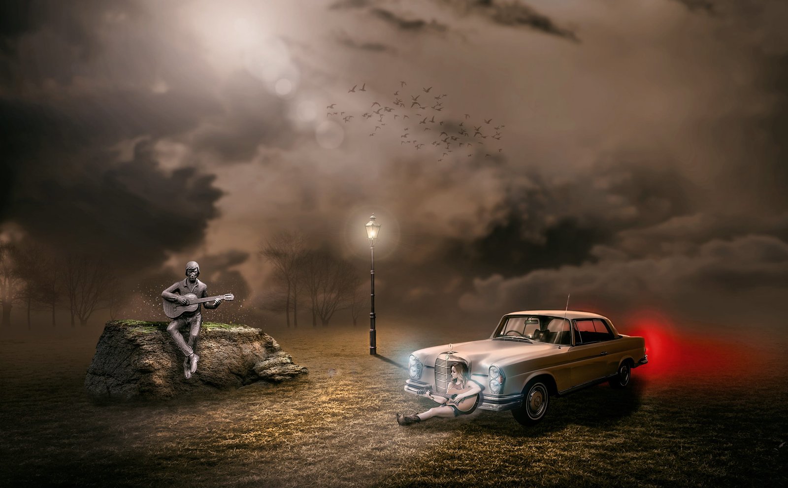 two person playing guitars near car wallpaper photo outdoors 2k