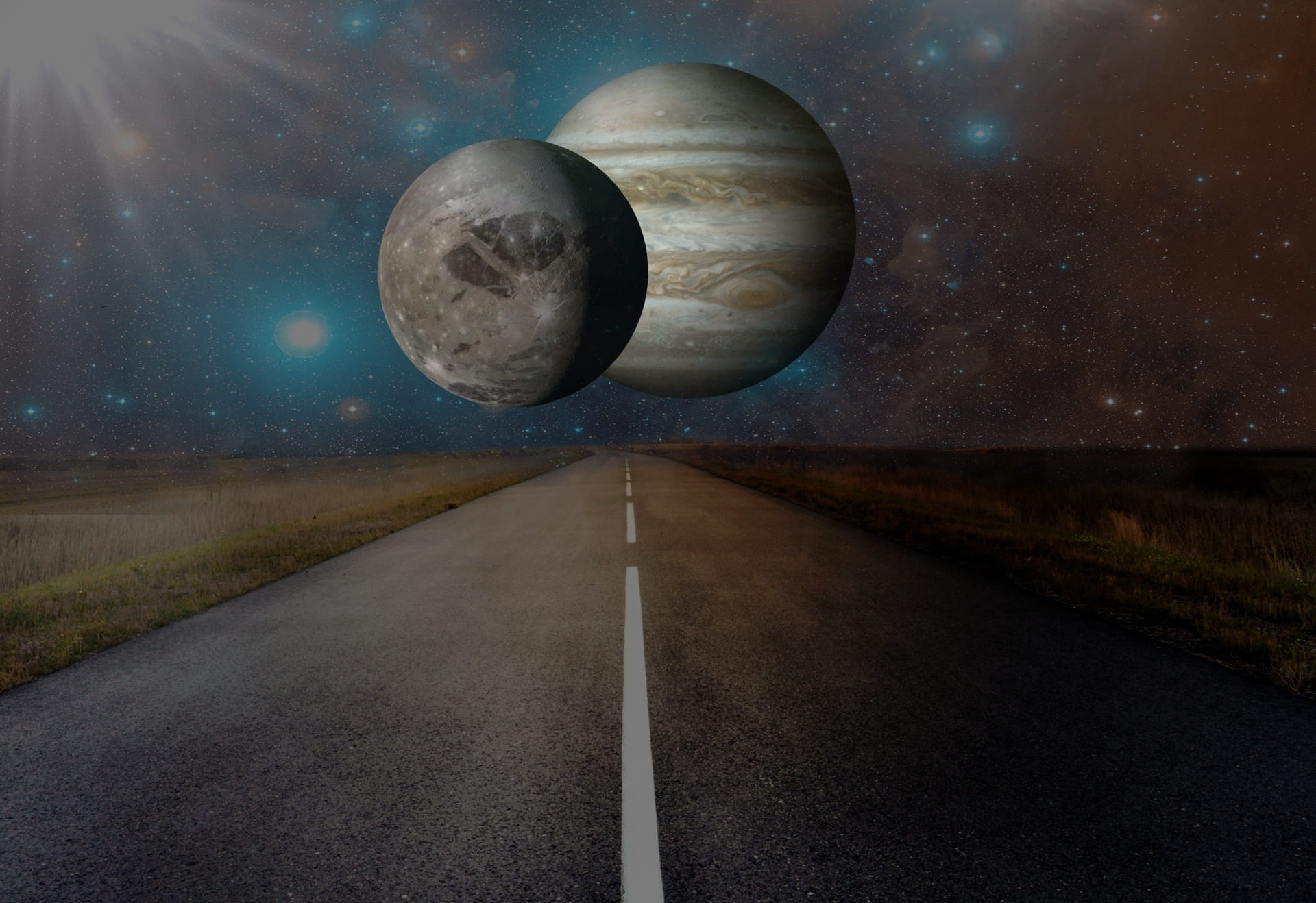 two planets in the middle of street photo road asphalt 2k