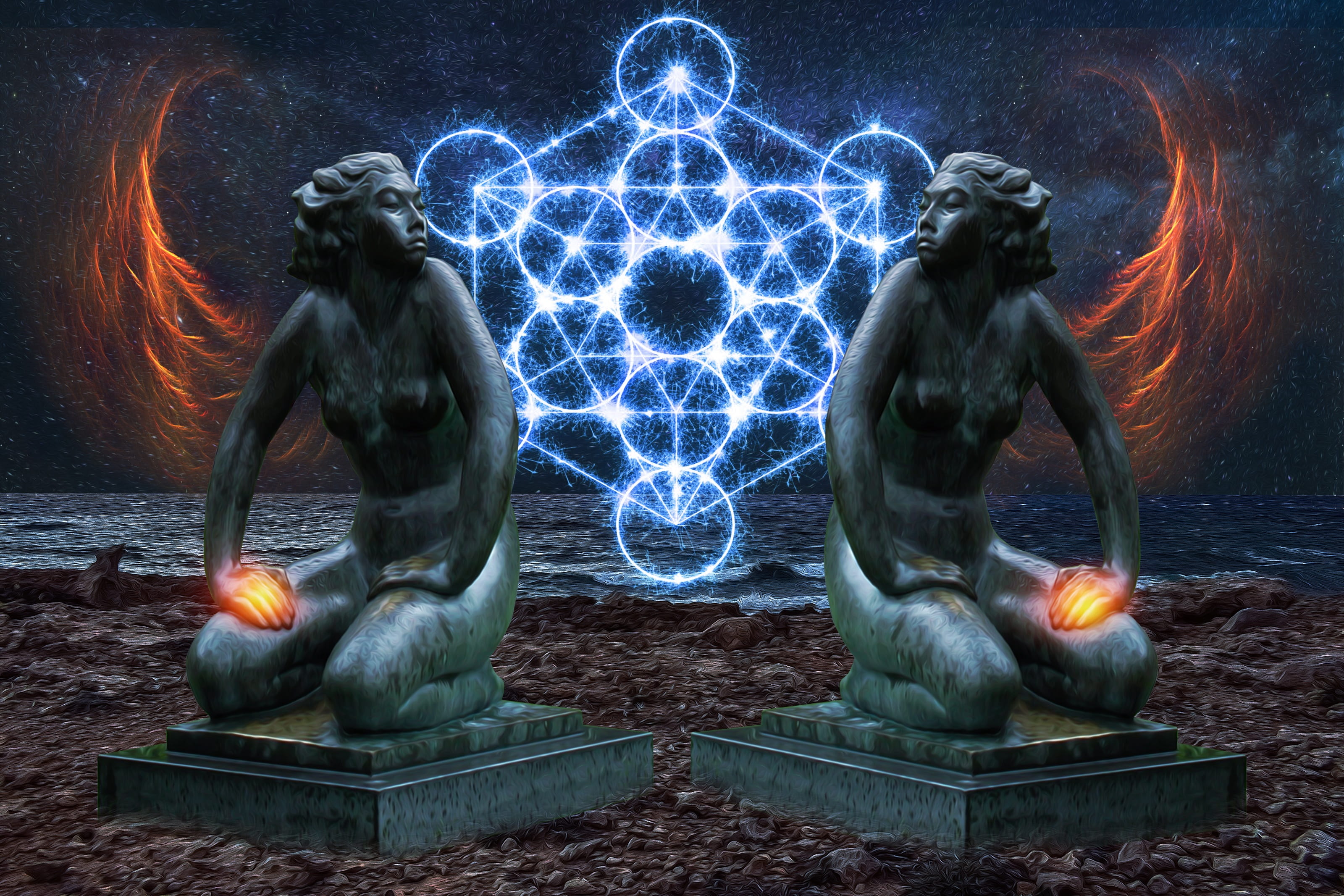 two woman statues painting duality esoteric meditation balance 2k