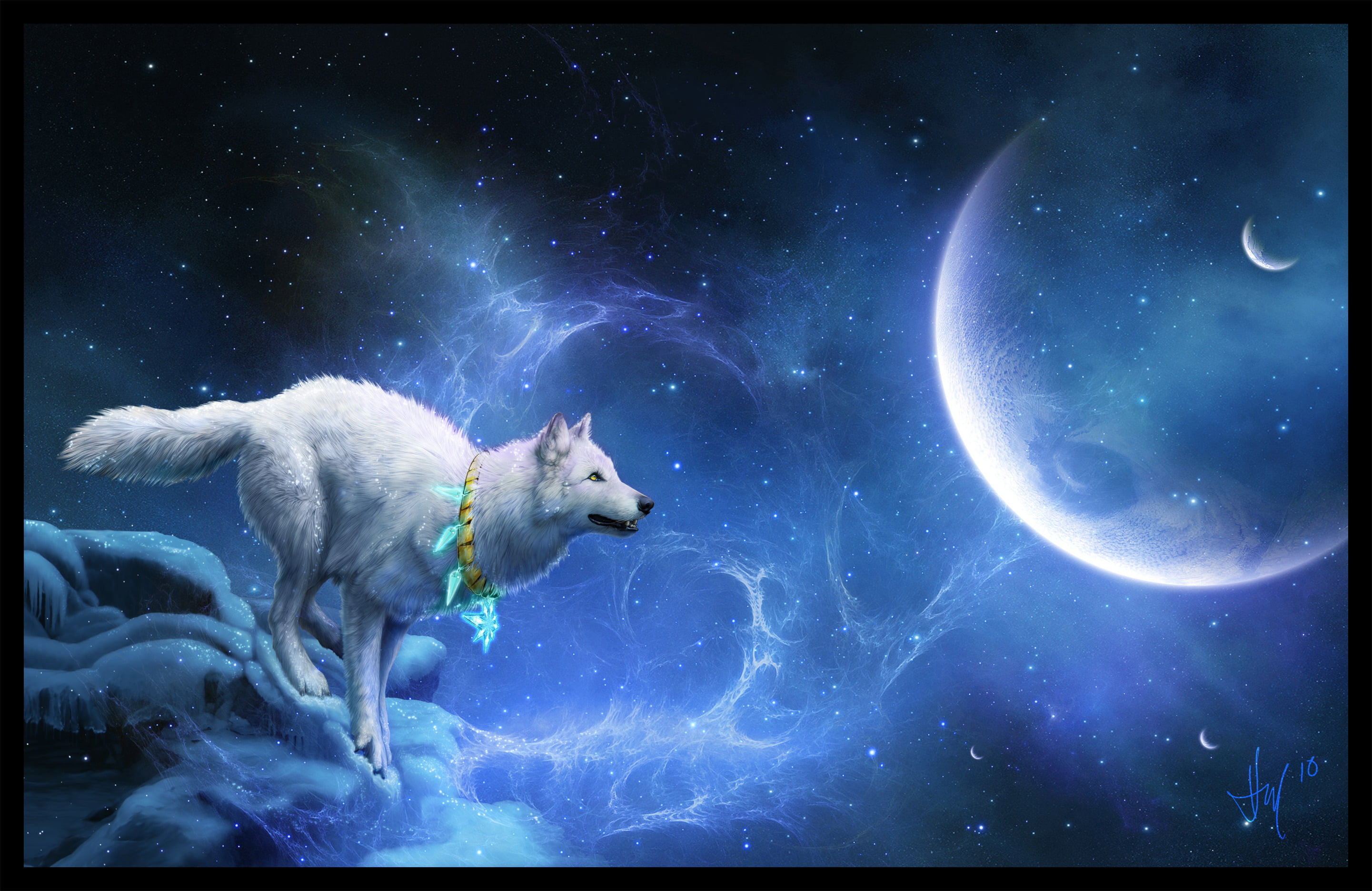 white wolf digital wallpaper planet stars mystic star Space 2k