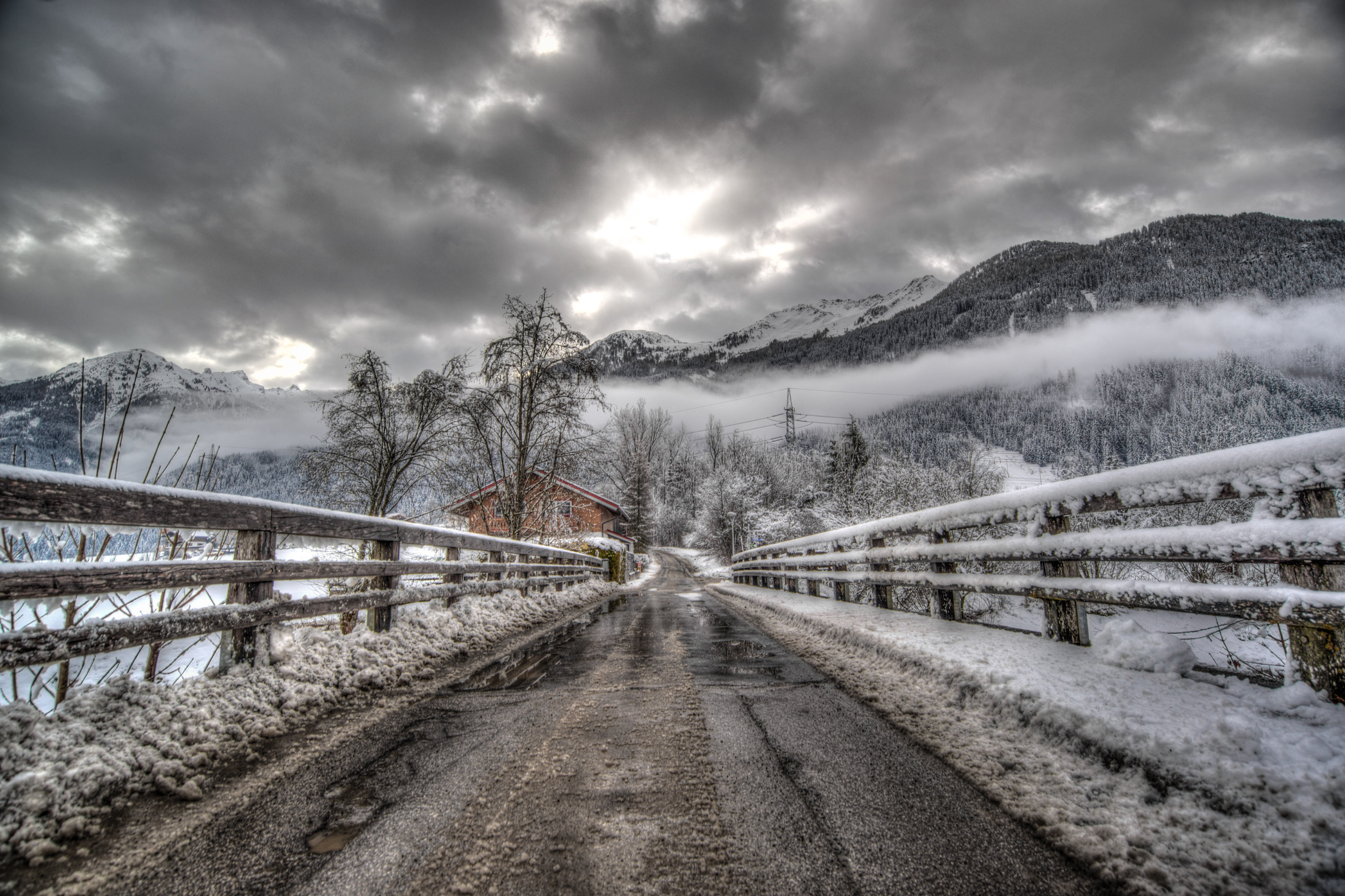 winding road with snow photo bridge hdr horror mystical spooky 2k 4k 5k