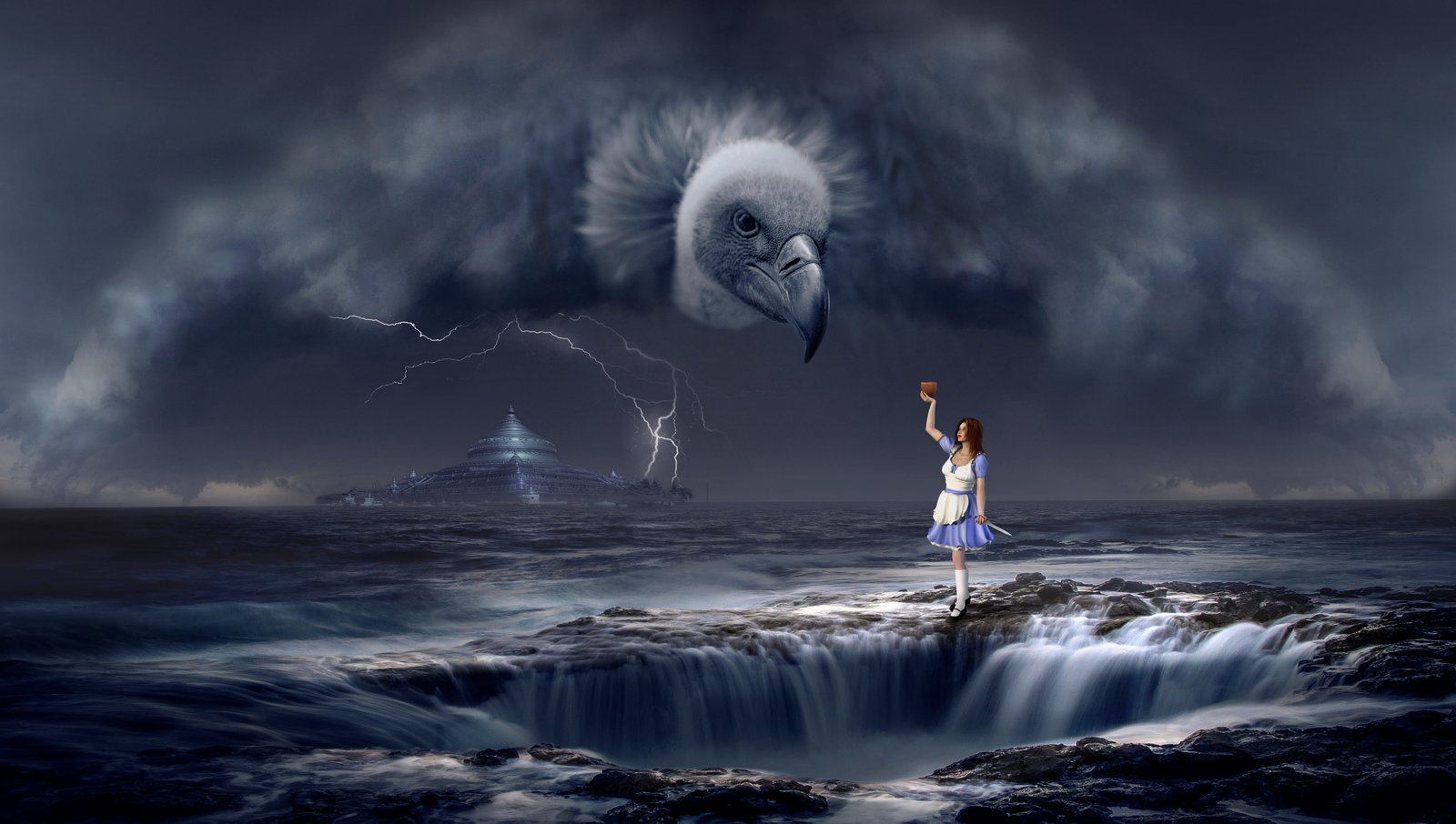 woman in white and purple dress standing on water while raising her hand towards a gray clouds 74 2k 4k 5k