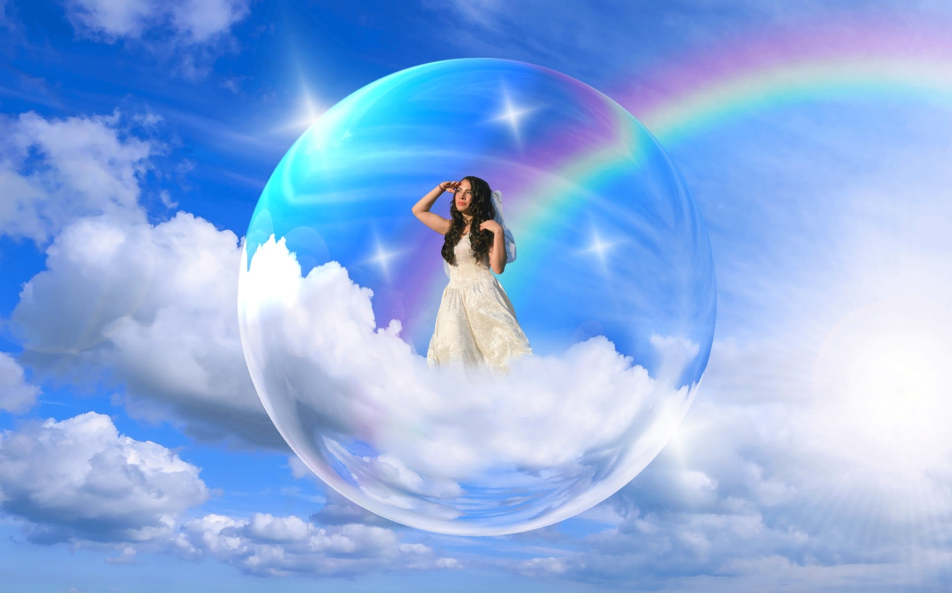 woman in white dress inside bubble fee angel elf wing mystical 2k