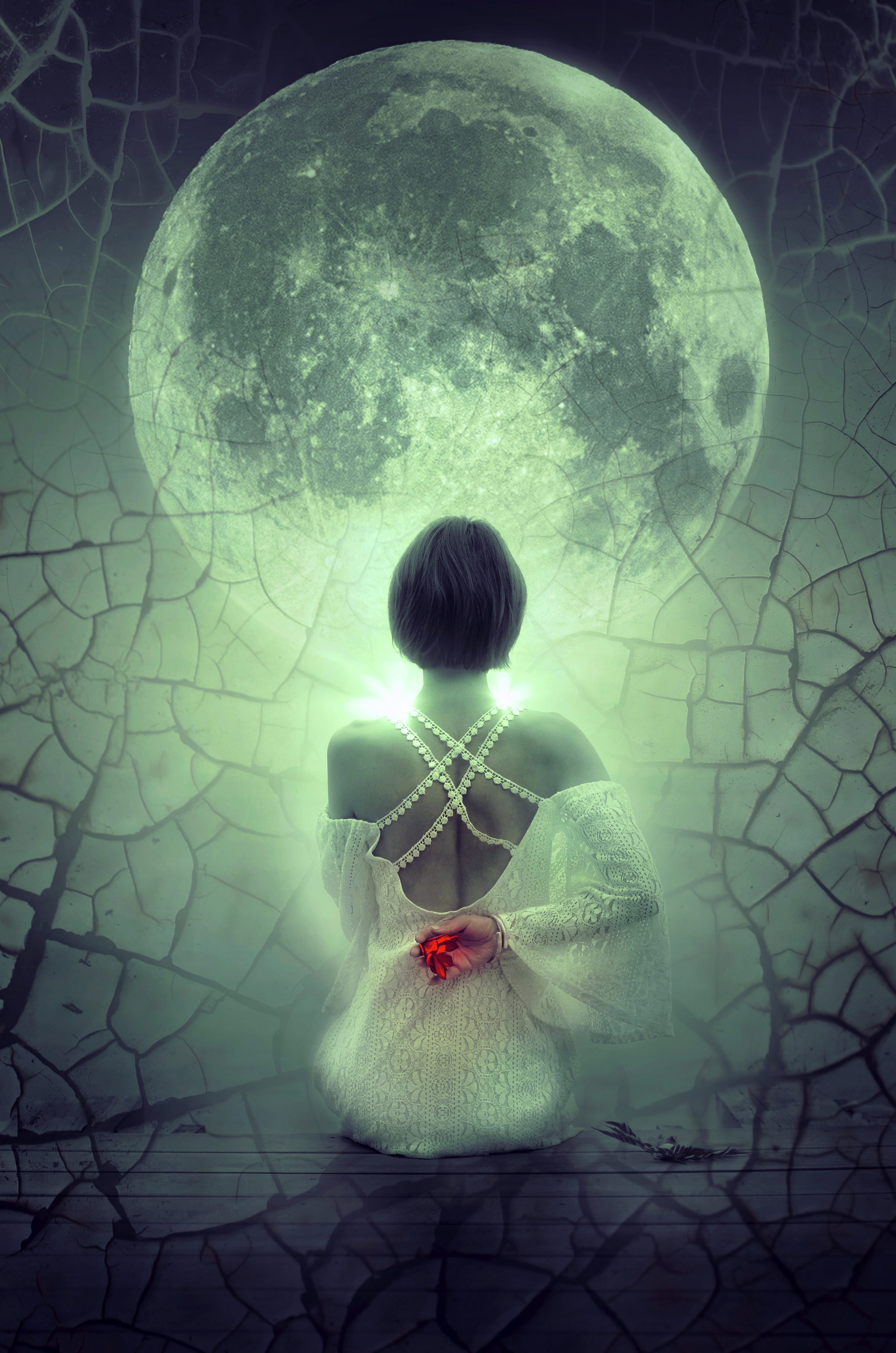 woman looking on moon digital wallpaper fantasy sit mystical 2k