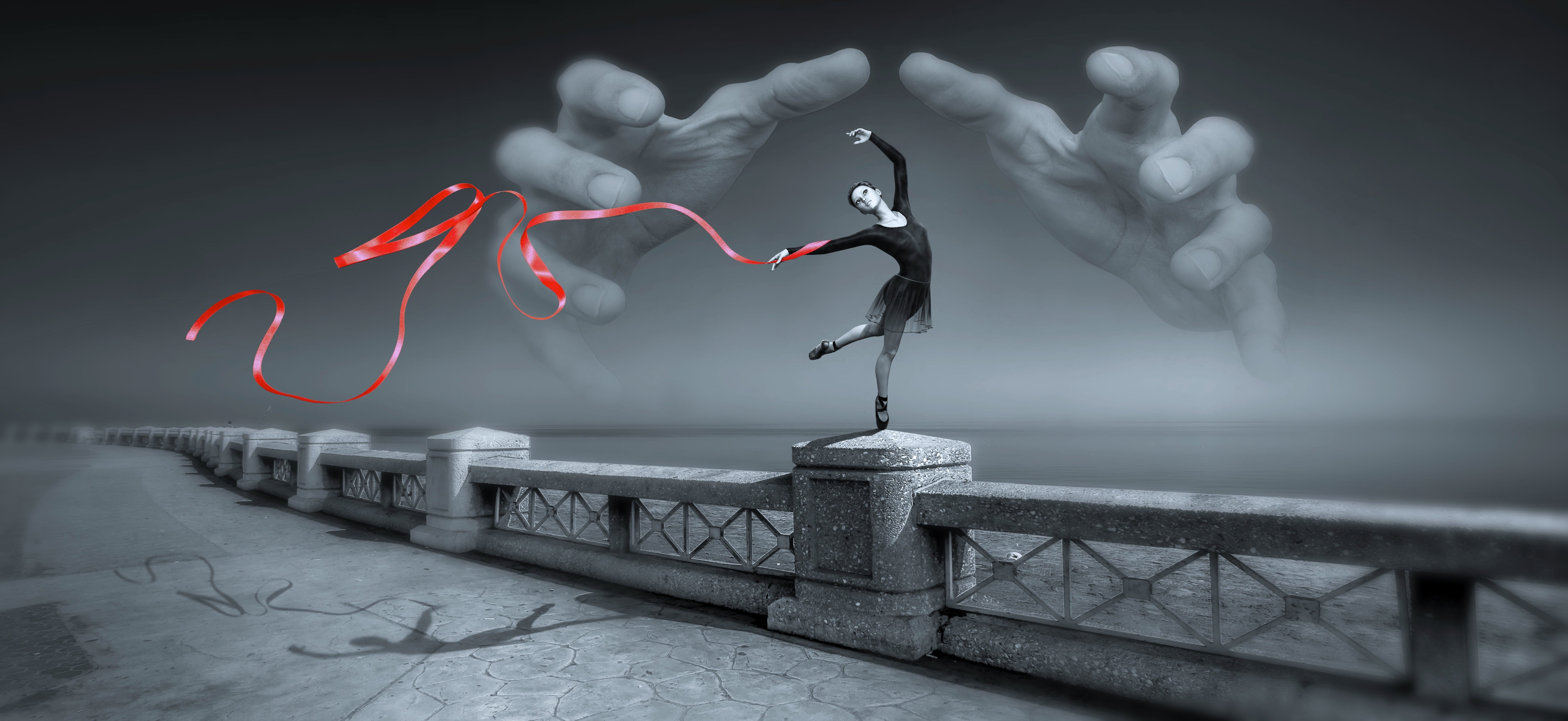 woman performing gymnastic routine on top of grey concrete railings with both hands image behind wallpaper 73 2k 4k 5k