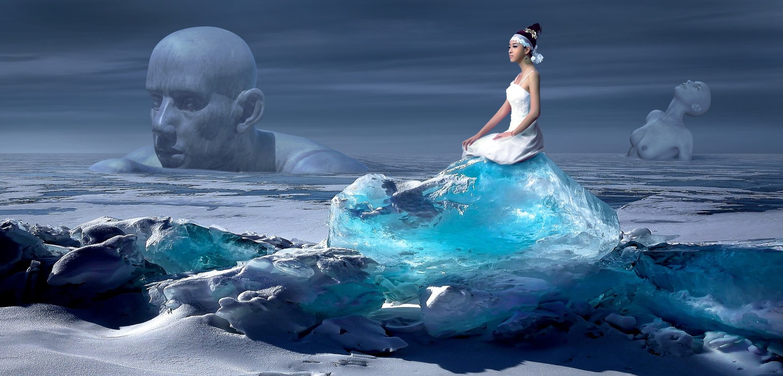woman sitting on the blue ocean waves fantasy glacier ice 2k 4k 5k