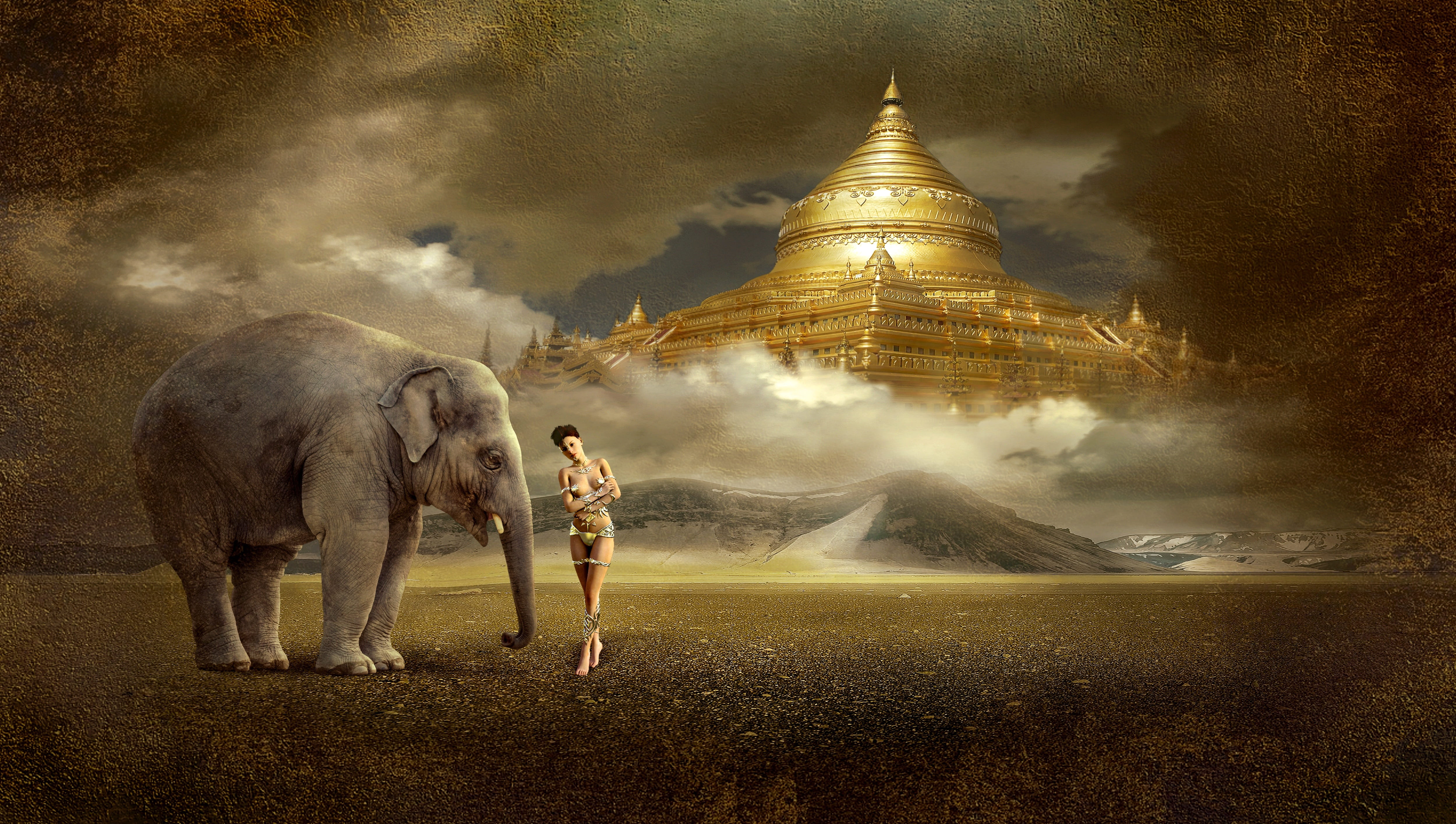 woman standing beside elephant fantasy temple mood mystical 2k 4k 5k