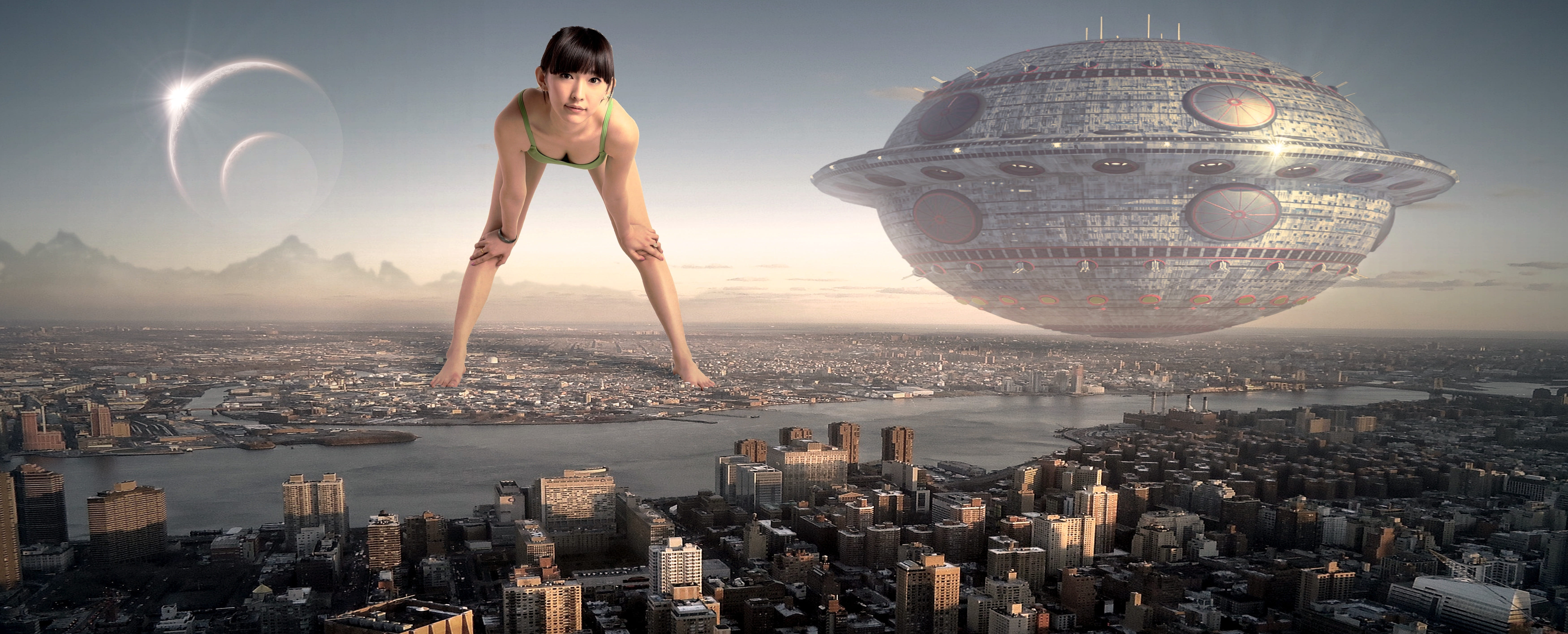 woman standing on city beside mothership wallpaper fantasy river 2k 4k 5k