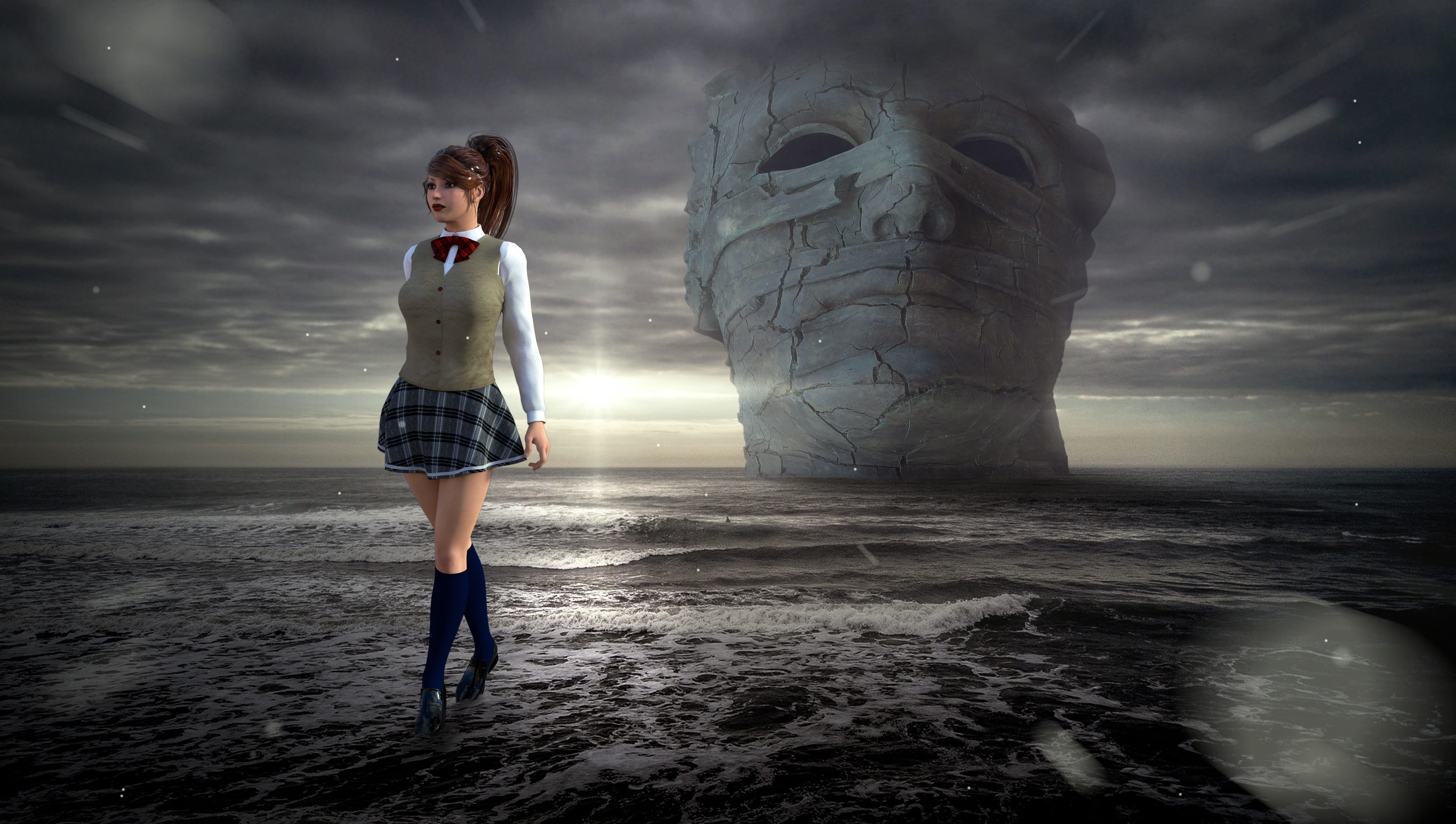 woman wearing gray and white uniform fantasy sea mystical 2k 4k 5k